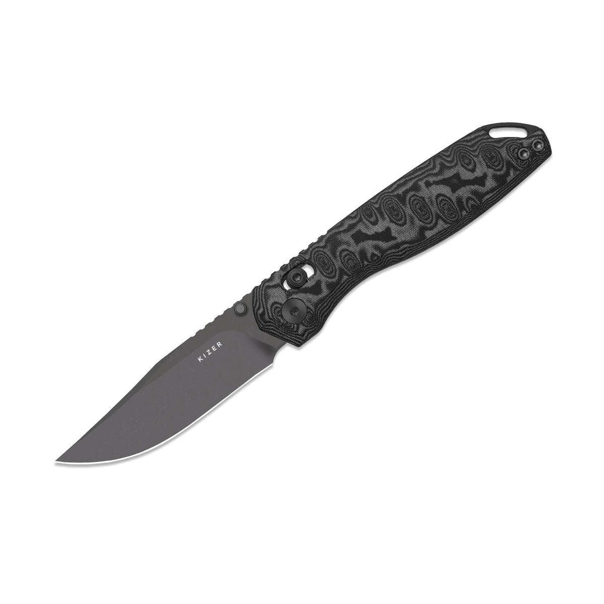 Findo | Clip Point | Kizer Clutch Lock™ | AEB-L + Gray PVD Coating & Stonewashed | vortex pattern micarta | KizerV™ 3743CC3