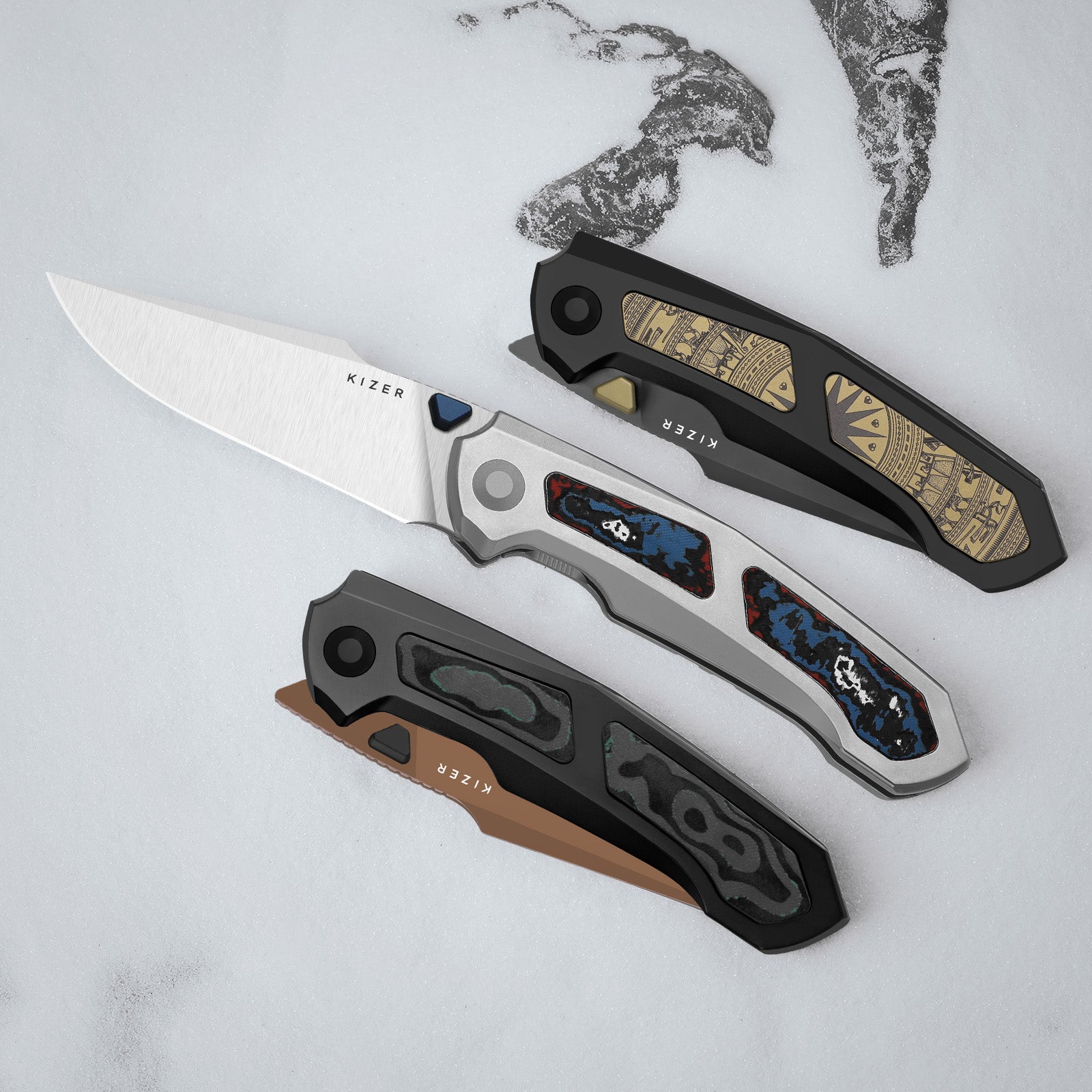 Feweed XL | S90V | Harpoon Blade | Titanium & Aluminum Laser Pattern | KizerB™ 4694A1