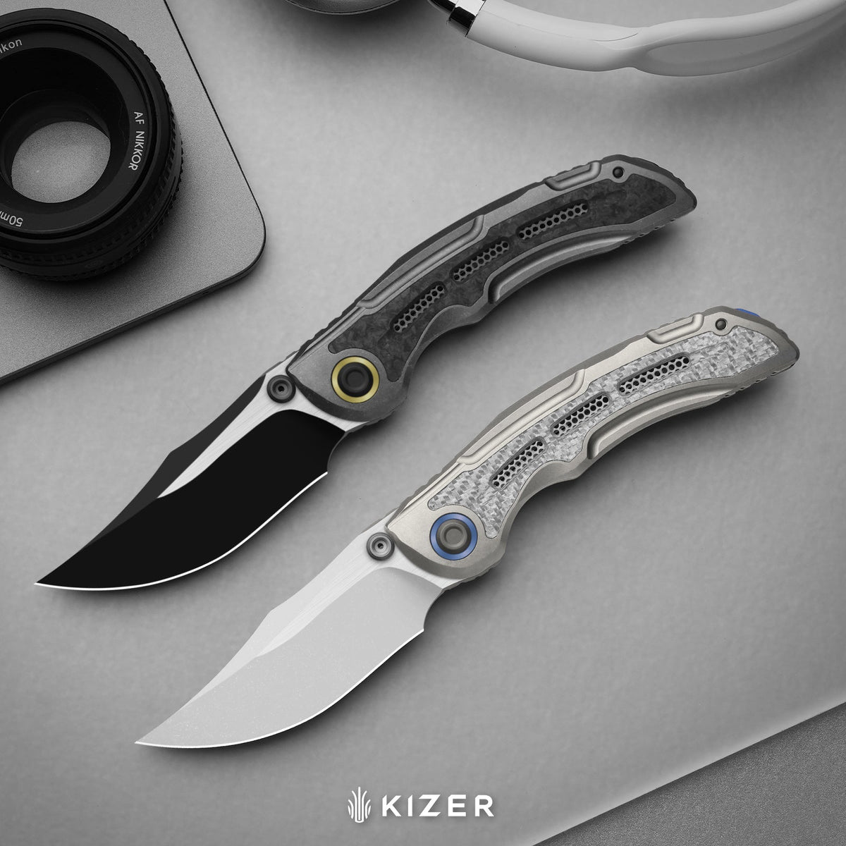 SILVER WING-LITE | S45VN+Black PVD Coating & Flat Brushed+Flat Grind | Titanium & Carbon Fiber | KizerB™ ZX-FK09A1