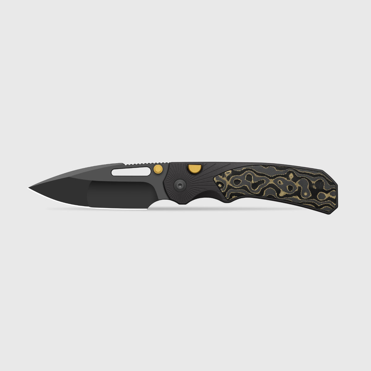 Durandal | Kizer Button Liner Lock™ | Aluminum & Fatcarbon® Camo Gold | S35VN + Gunmetal Gray PVD Coating | KizerB™ 3765BD2