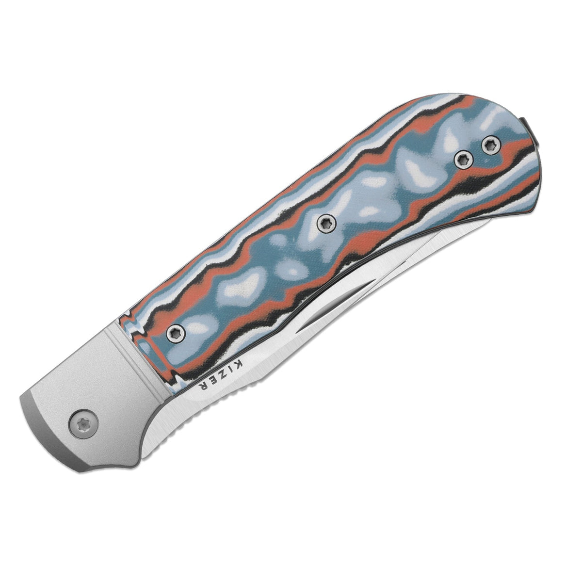 Trestle TP AirTi|BD1N Dual-Blade Clip Point & Spey Point | KStop™ 105° Half-Stop Trapper | Aluminum & vortex pattern micarta | KizerB™ 3761TPA4