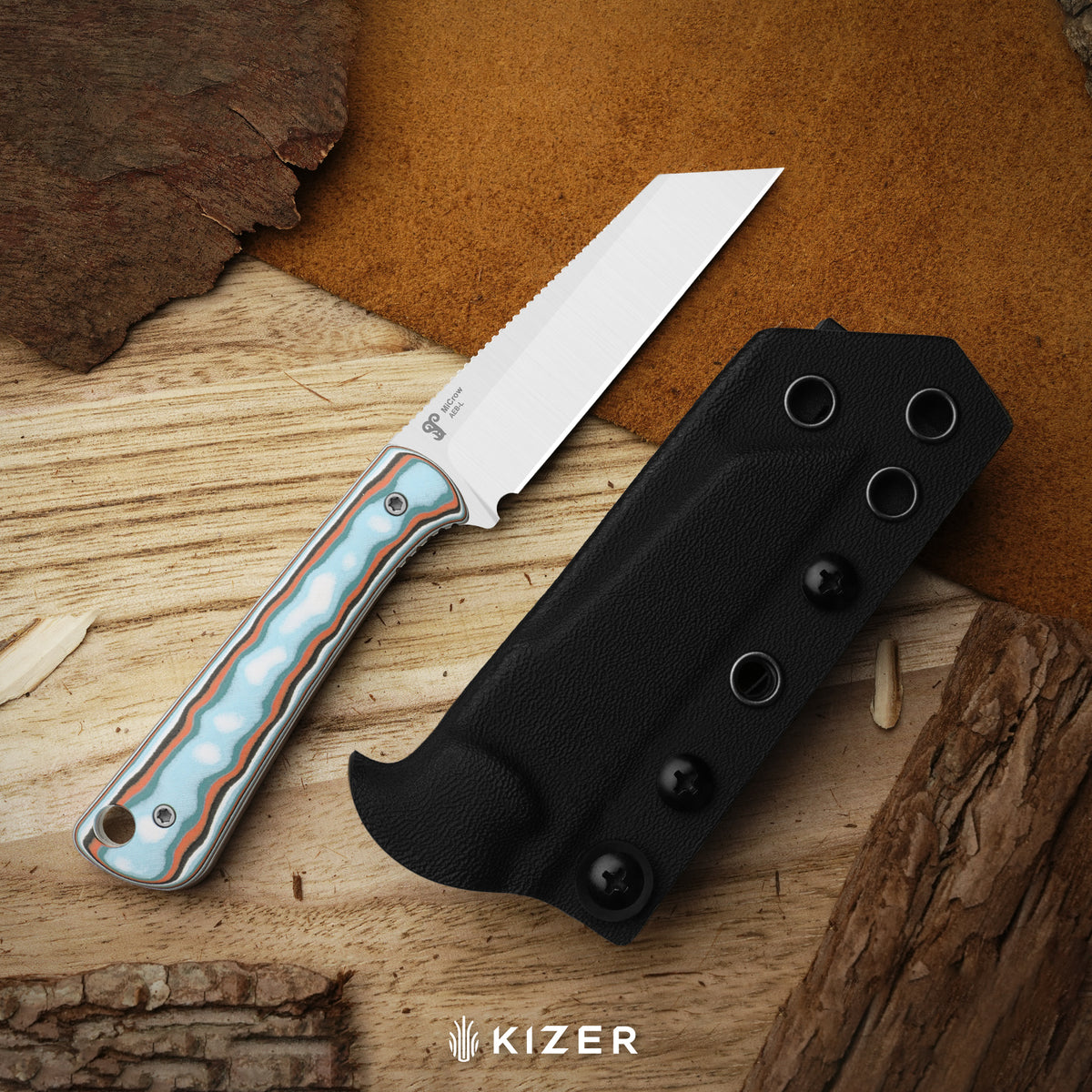 MiCrow | Wharncliffe | AEB-L | vortex pattern micarta | Stonewashed | KizerV™ 1139A2