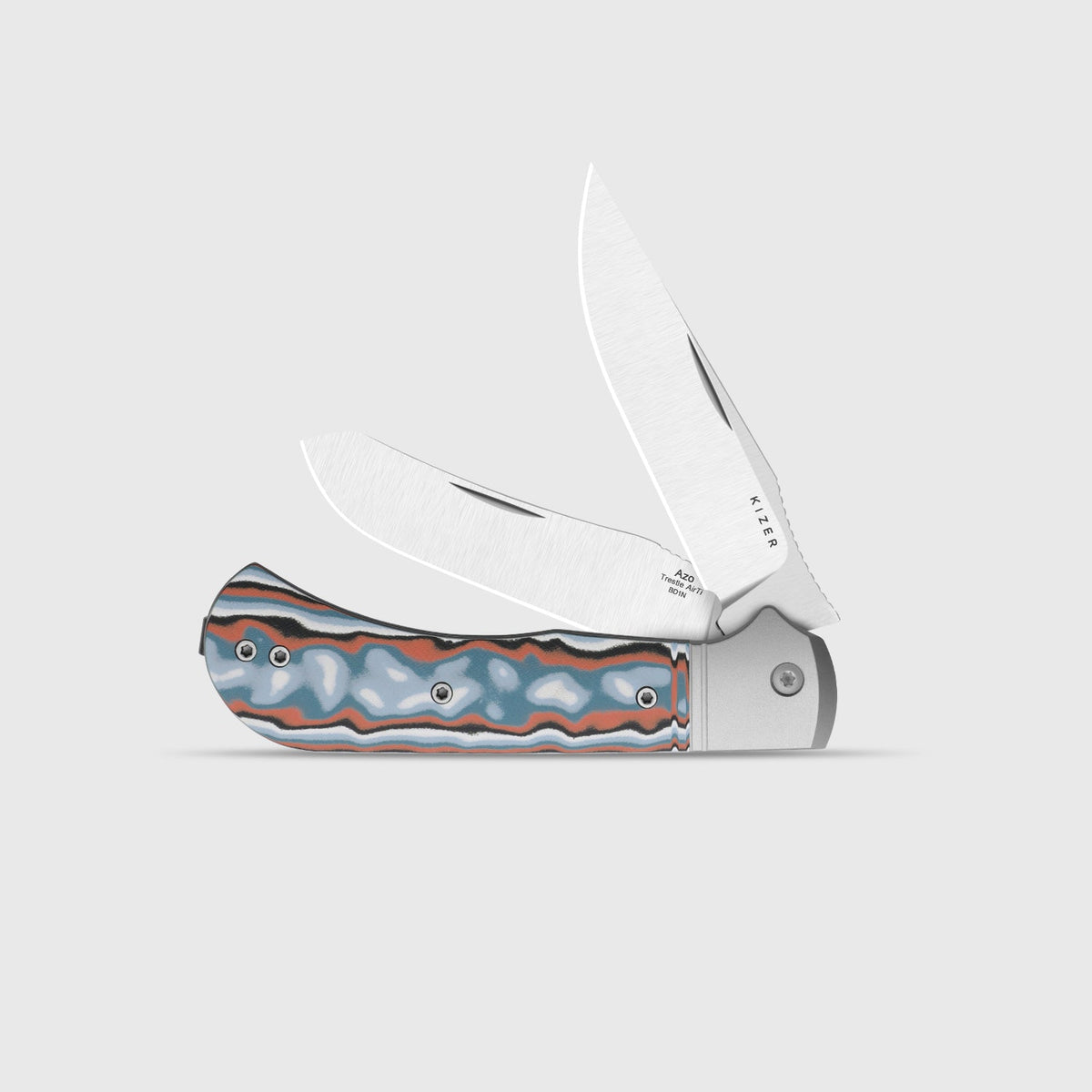Trestle TP AirTi|BD1N Dual-Blade Clip Point & Spey Point | KStop™ 105° Half-Stop Trapper | Aluminum & vortex pattern micarta | KizerB™ 3761TPA4
