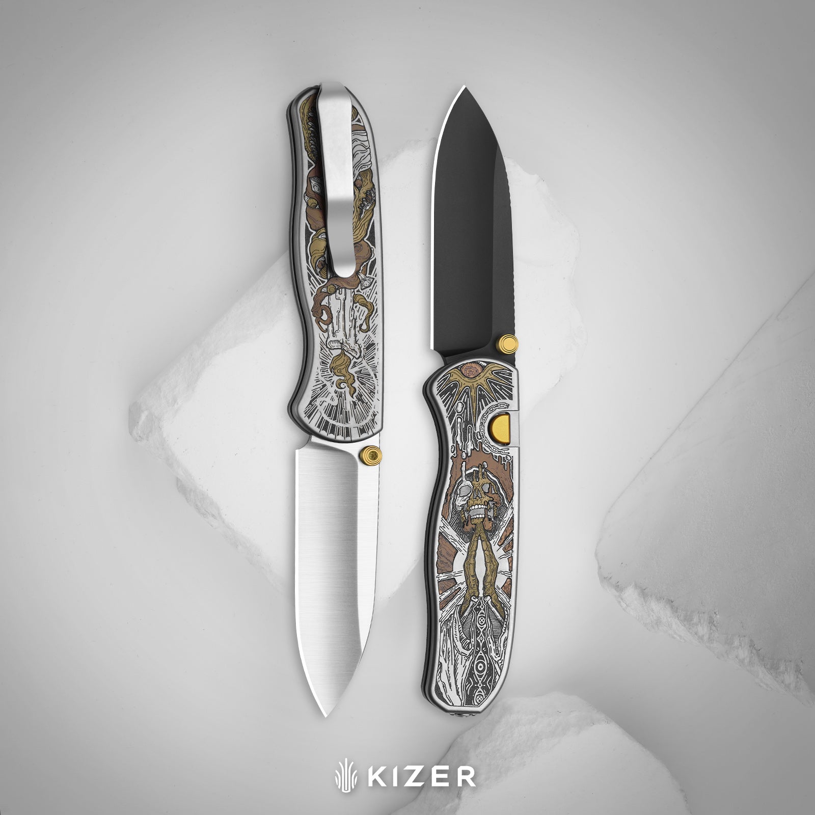Drop Bear® Zero | K390 | Polished DLC Ultra | Hollow Grind | Titanium (Laser Engraved with Multi-tone Inlays) | Kizer Button Liner Lock™ | KizerX™ 3619BDLA2