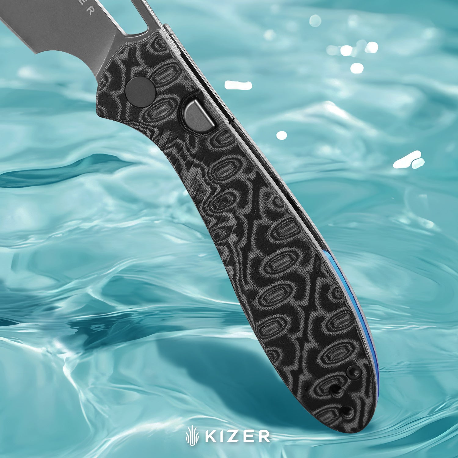 Masu | Kizer Button Liner Lock™ | GID Blue G10 | 14C28N | Vortex Pattern Micarta | KizerV™ 3697A2