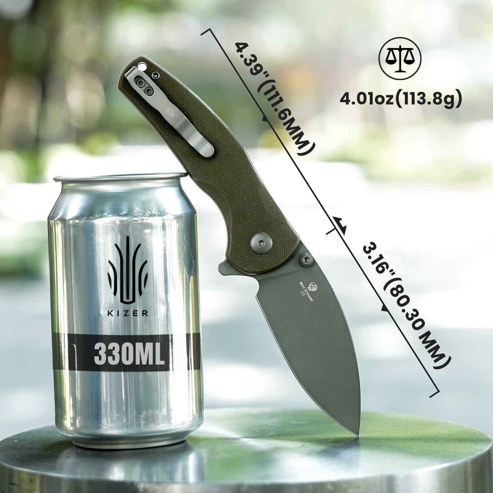 Mini Grouper | D2 | Olive Green G10 | KizerV™ 3669A3