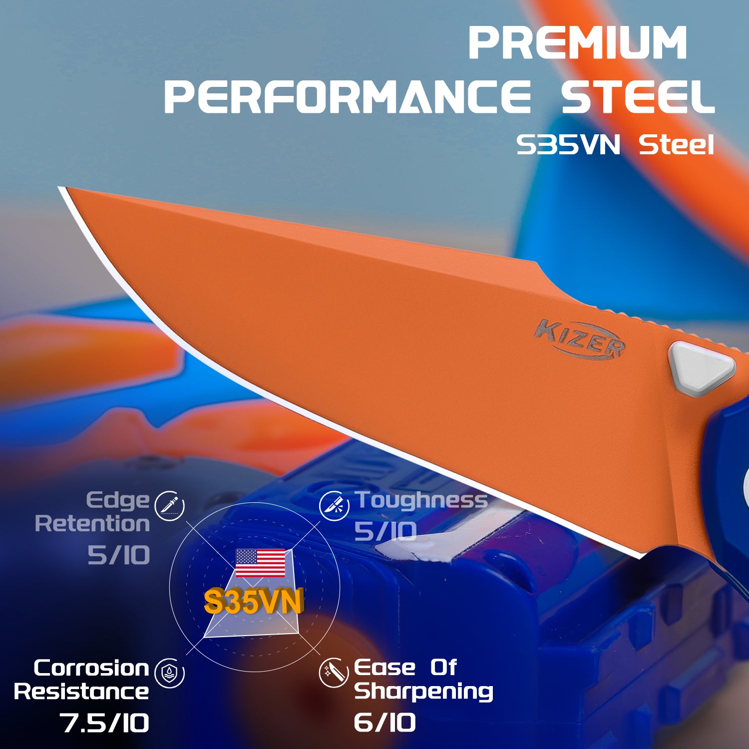 Feweed | S35VN | Blue & Orange Handle | KizerB™ 3694A8