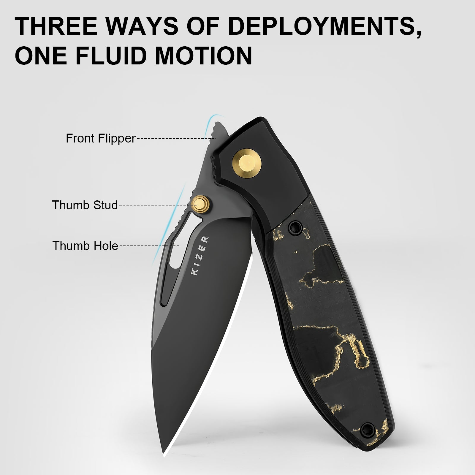 Shrike | S45VN | Titanium & Fat Carbon Camo Gold | Matte DLC Ultra | Front Flipper | KizerB™ 3746A2