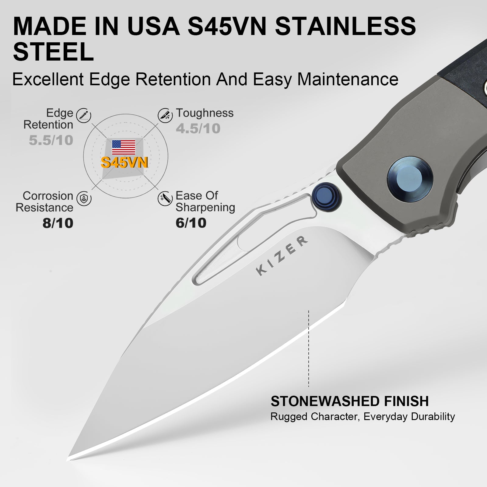 Shrike | S45VN | Titanium & Richlite | Front Flipper | KizerB™ 3746A3