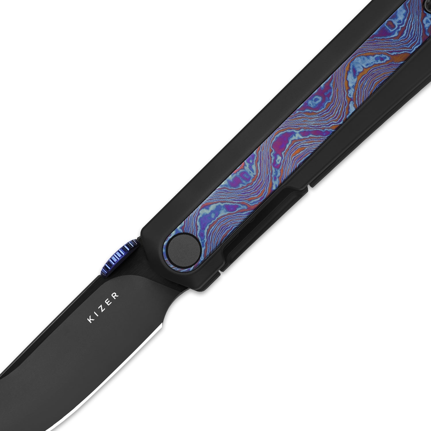 Quoll | S45VN | Titanium & Titanium Damascus | Brushed | Matte DLC.Ultra | KizerB™ 3733A3