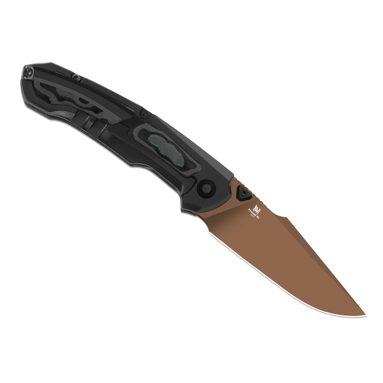 Feweed XL | S90V | Harpoon Blade | Titanium & Camo Carbon Shipwreck|KizerB™ 4694A3