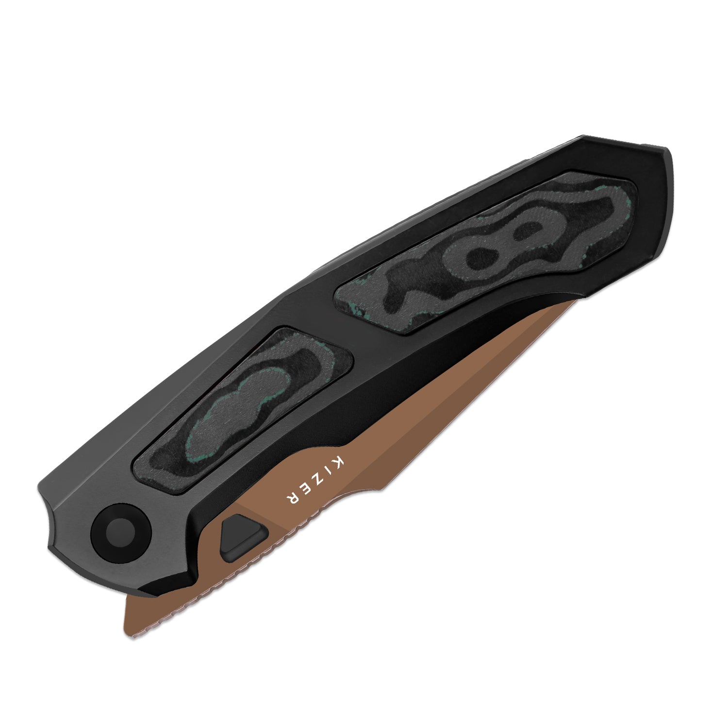 Feweed XL | S90V | Harpoon Blade | Titanium & Camo Carbon Shipwreck|KizerB™ 4694A3