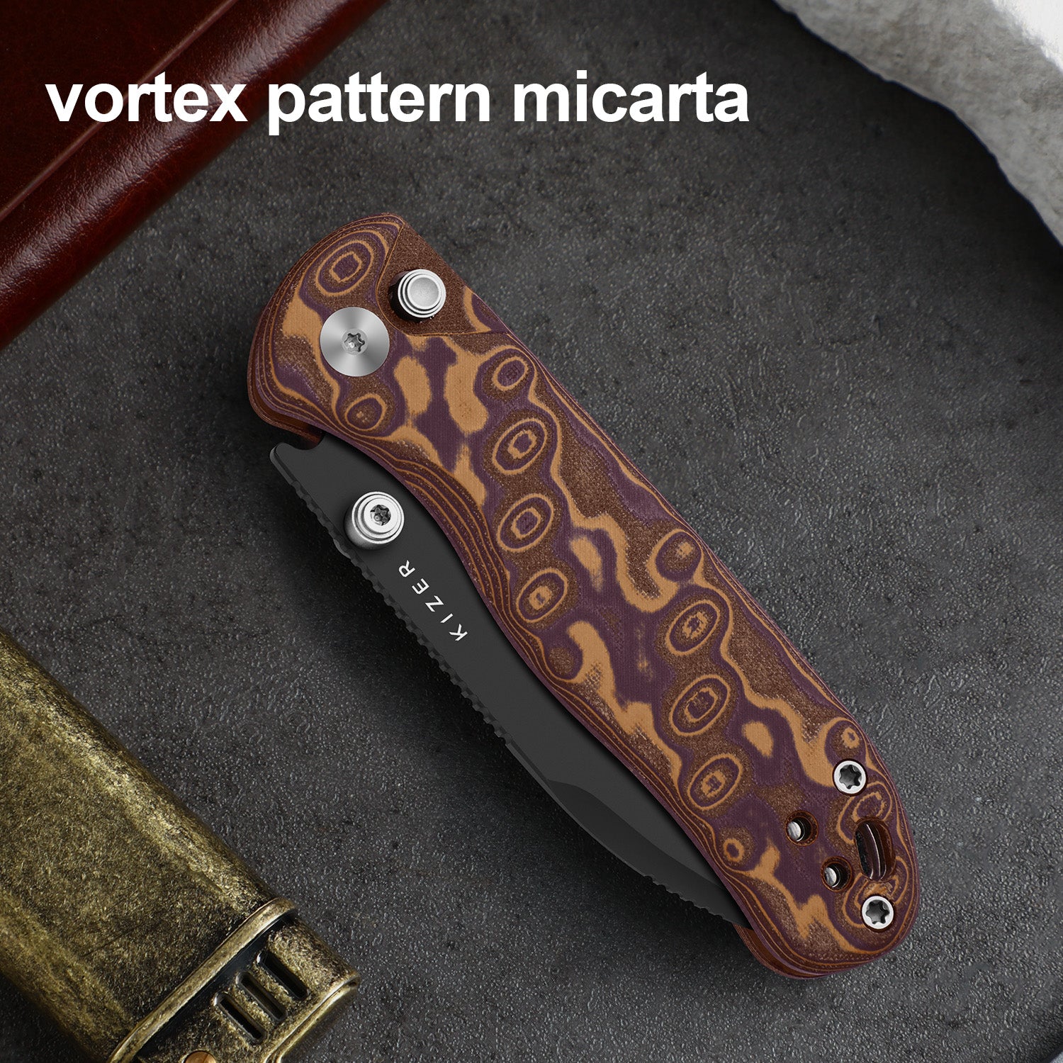 Drop Bear® 2 | Kizer Button Liner Lock™ | AEB-L | Micarta With Vortex Pattern | KizerV™ 3619.2PR2