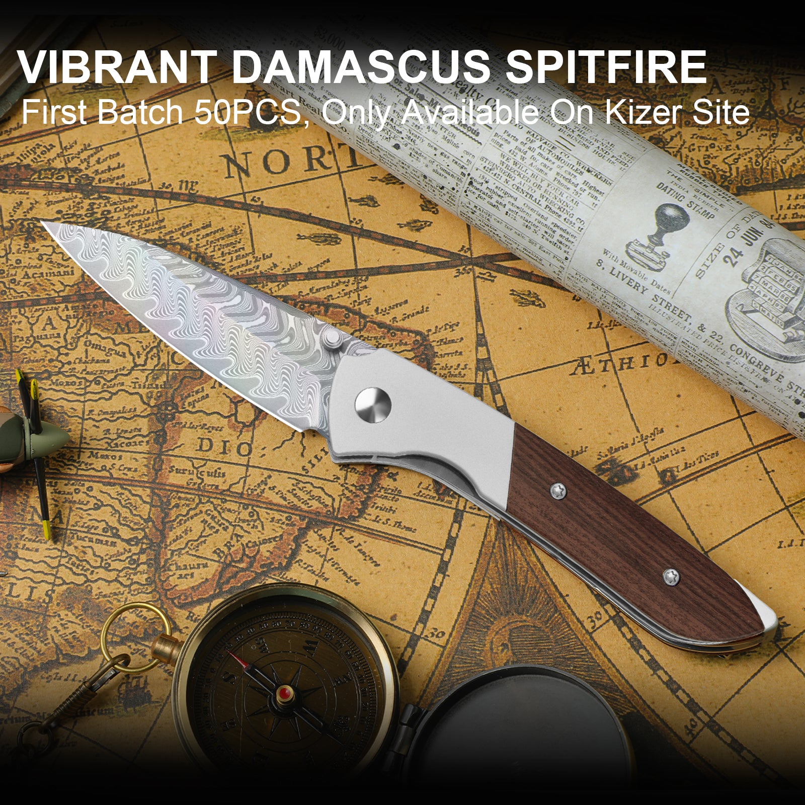 Spitfire | Vibrant Acid-Washed Finish | Damascus Steel | Aluminum & Mkuruti Wood | KizerV™ 3690A4