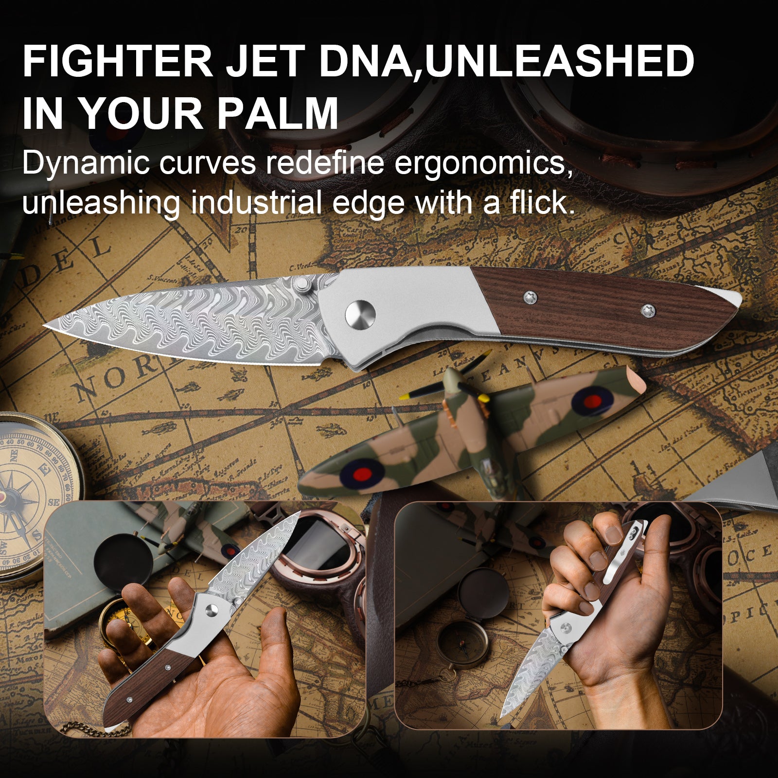 Spitfire | Vibrant Acid-Washed Finish | Damascus Steel | Aluminum & Mkuruti Wood | KizerV™ 3690A4