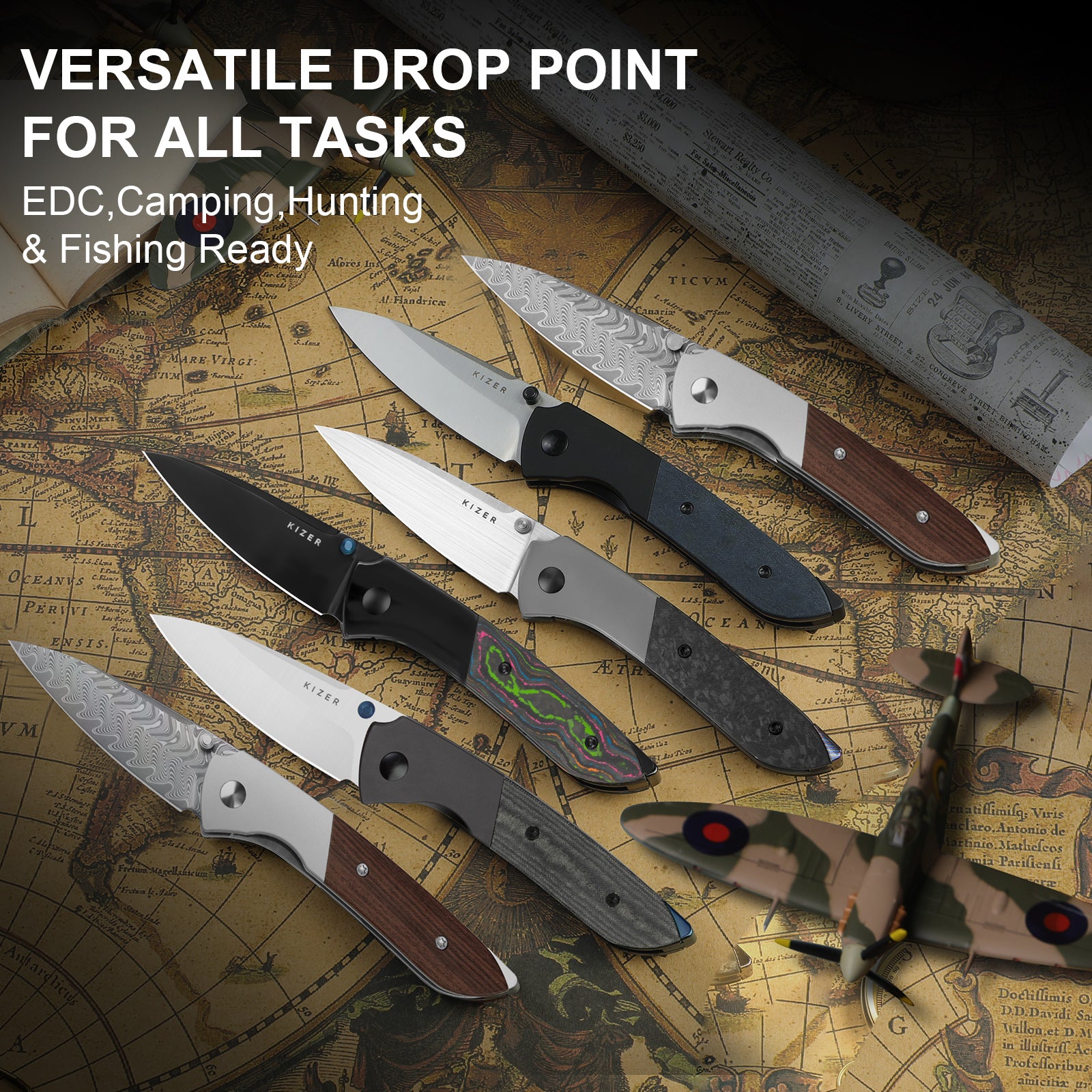 Spitfire | Vibrant Acid-Washed Finish | Damascus Steel | Aluminum & Mkuruti Wood | KizerV™ 3690A4