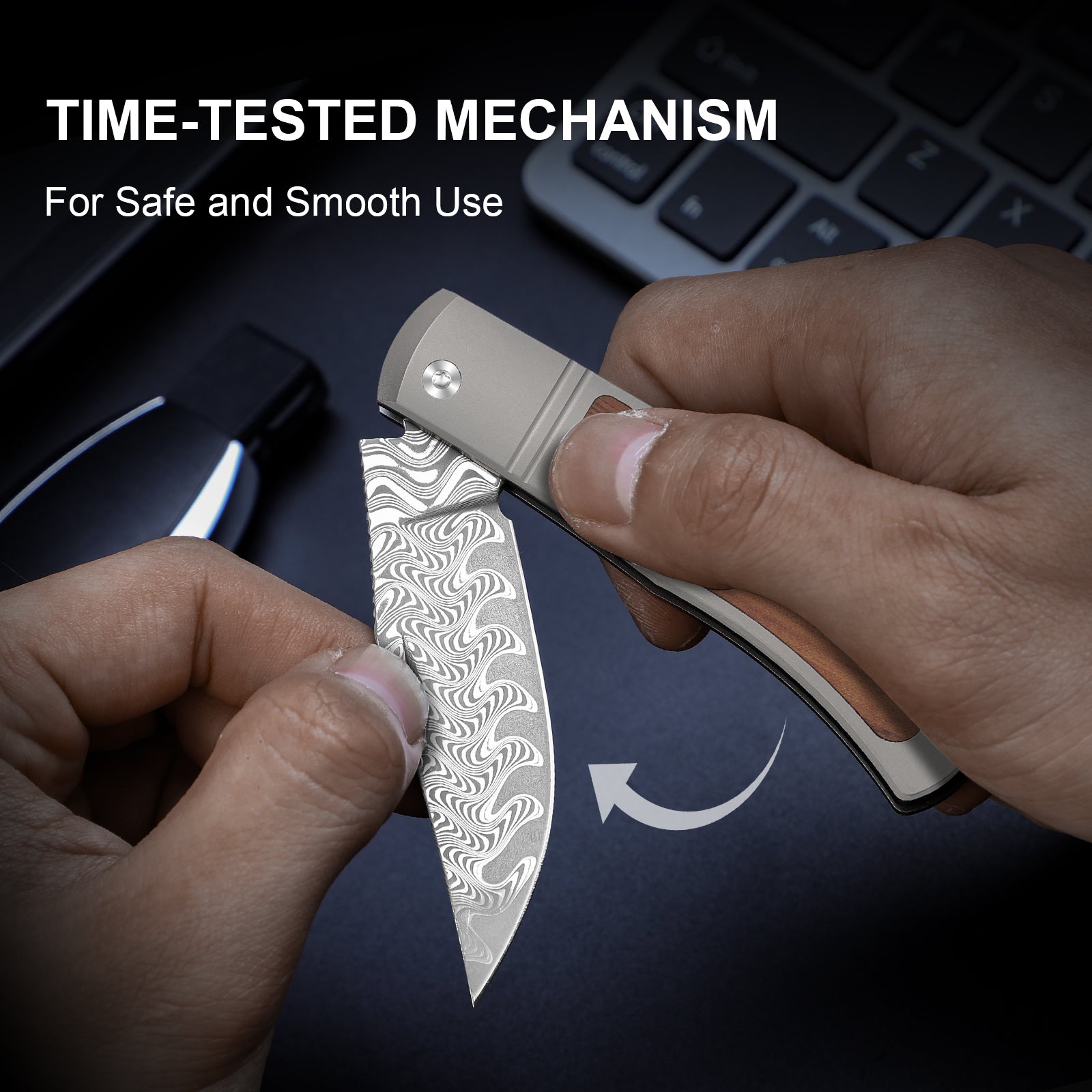 Trestle | Damascus | Titanium & Mkuruti Wood | V3761A2