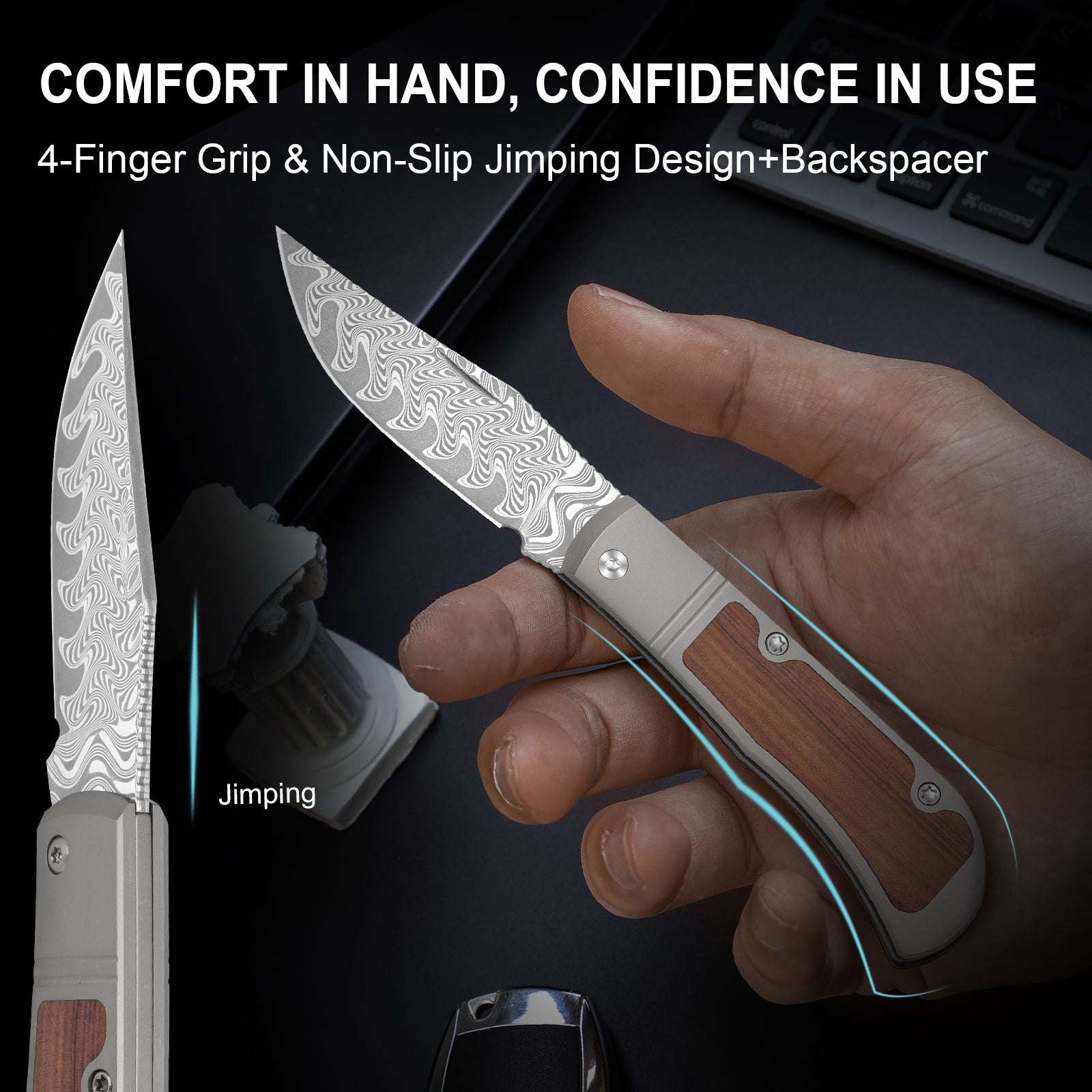 Trestle | Damascus | Titanium & Mkuruti Wood | V3761A2