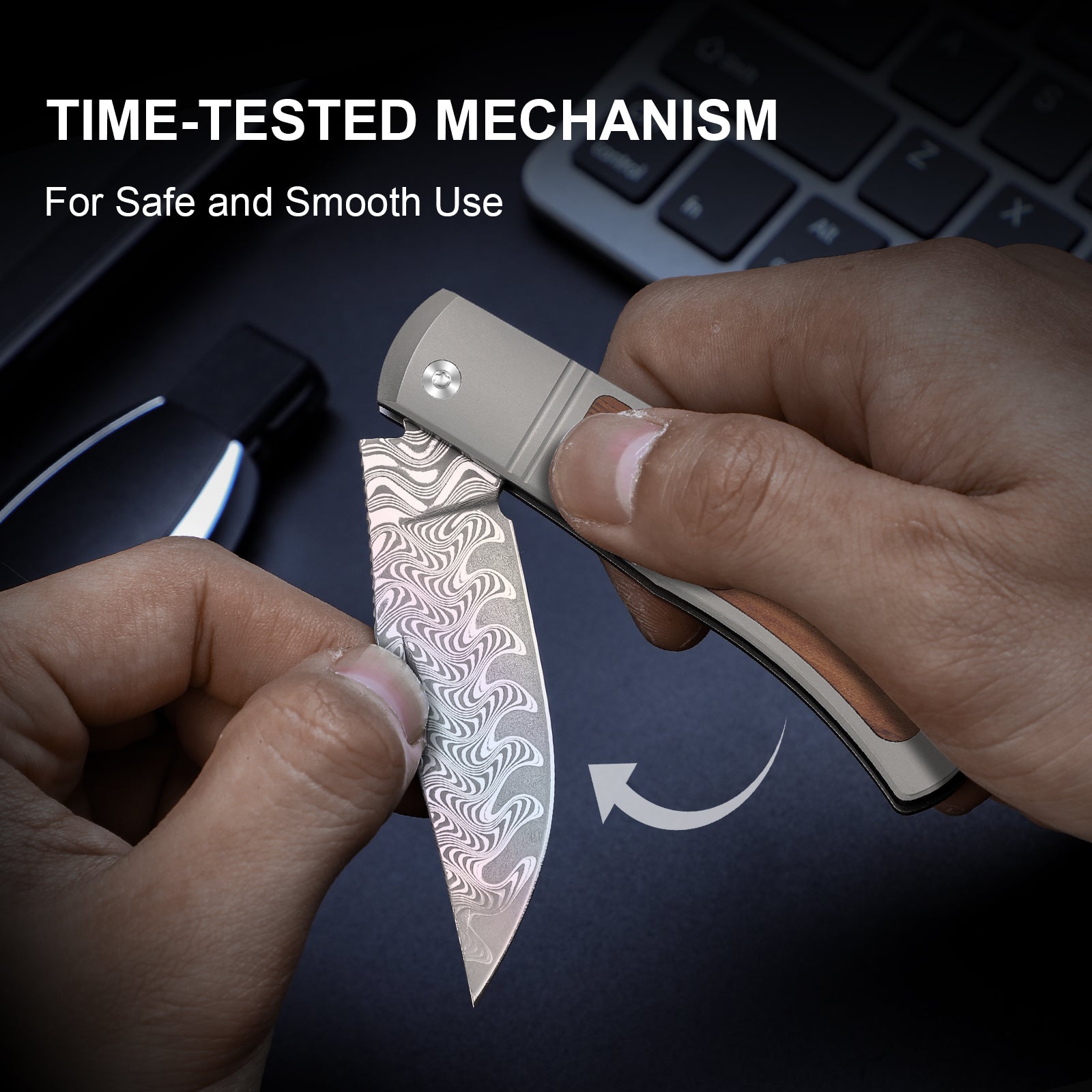 Trestle | Rainbow Damascus | Acid-washed | Titanium & Mkuruti Wood | V3761A3