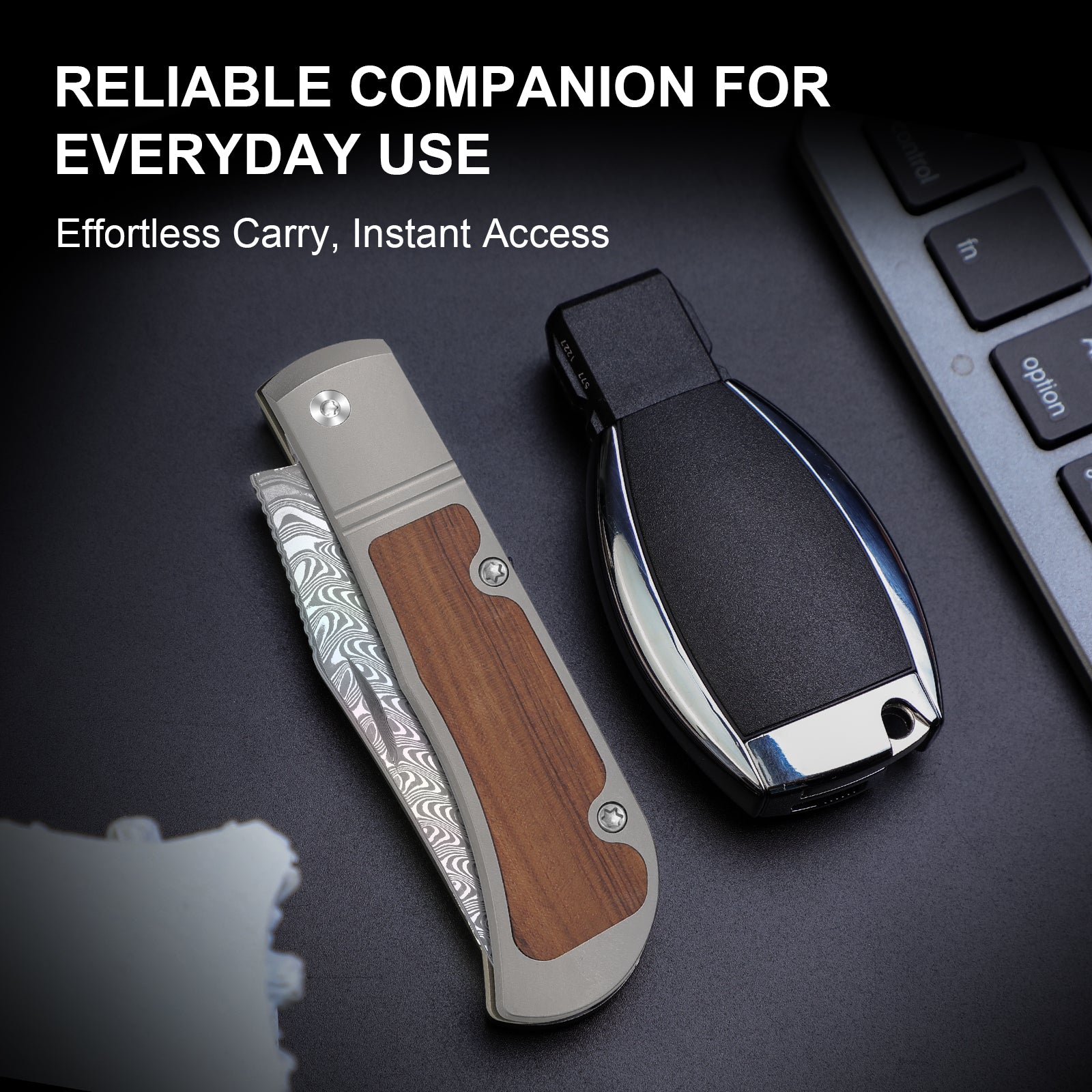 Trestle | Rainbow Damascus | Acid-washed | Titanium & Mkuruti Wood | V3761A3