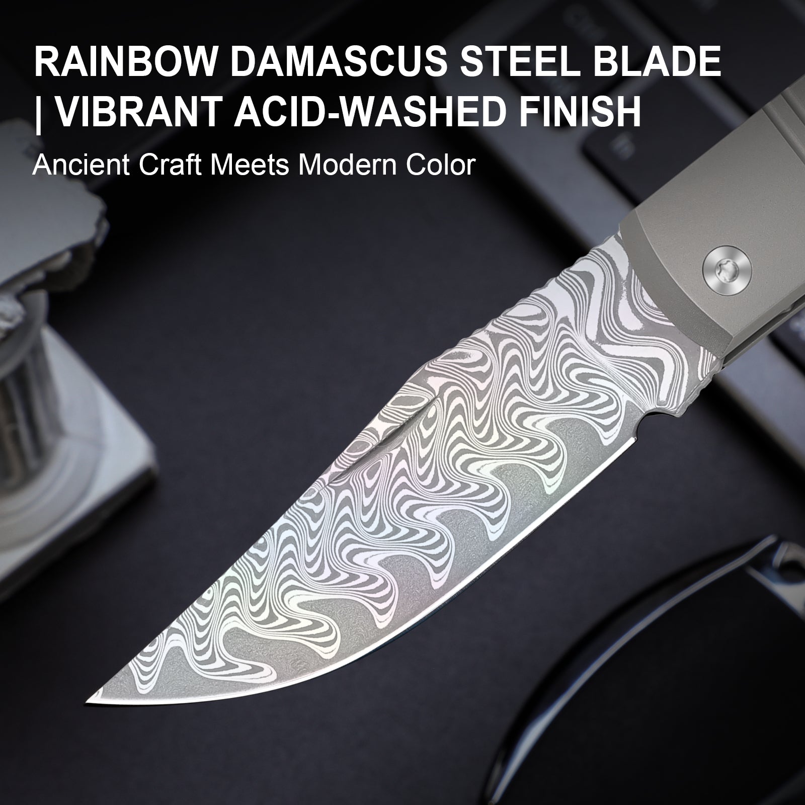 Trestle | Rainbow Damascus | Acid-washed | Titanium & Mkuruti Wood | V3761A3