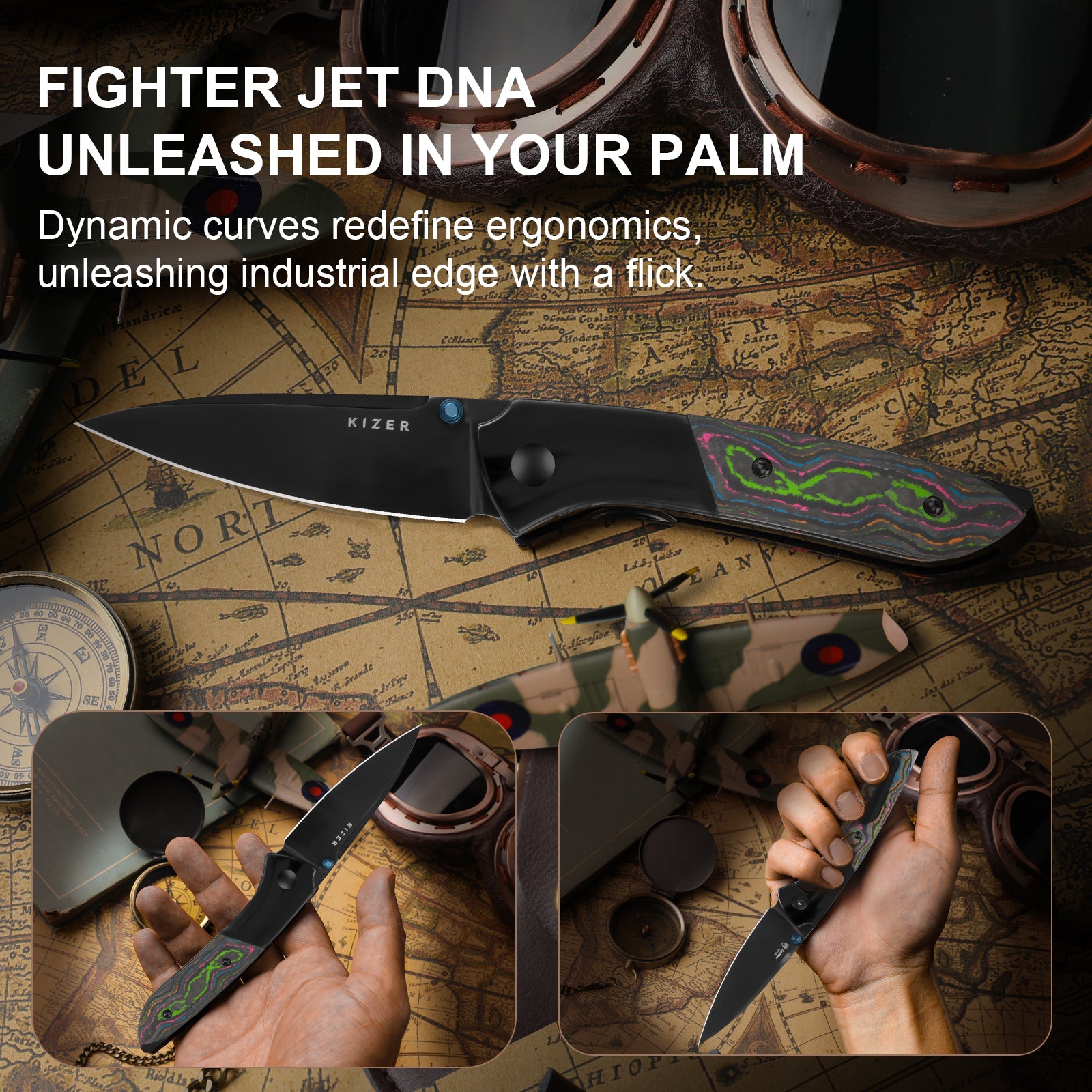 Spitfire | S35VN | Polished DLC | Titanium & Camo Carbon 80's | Ki3690A2