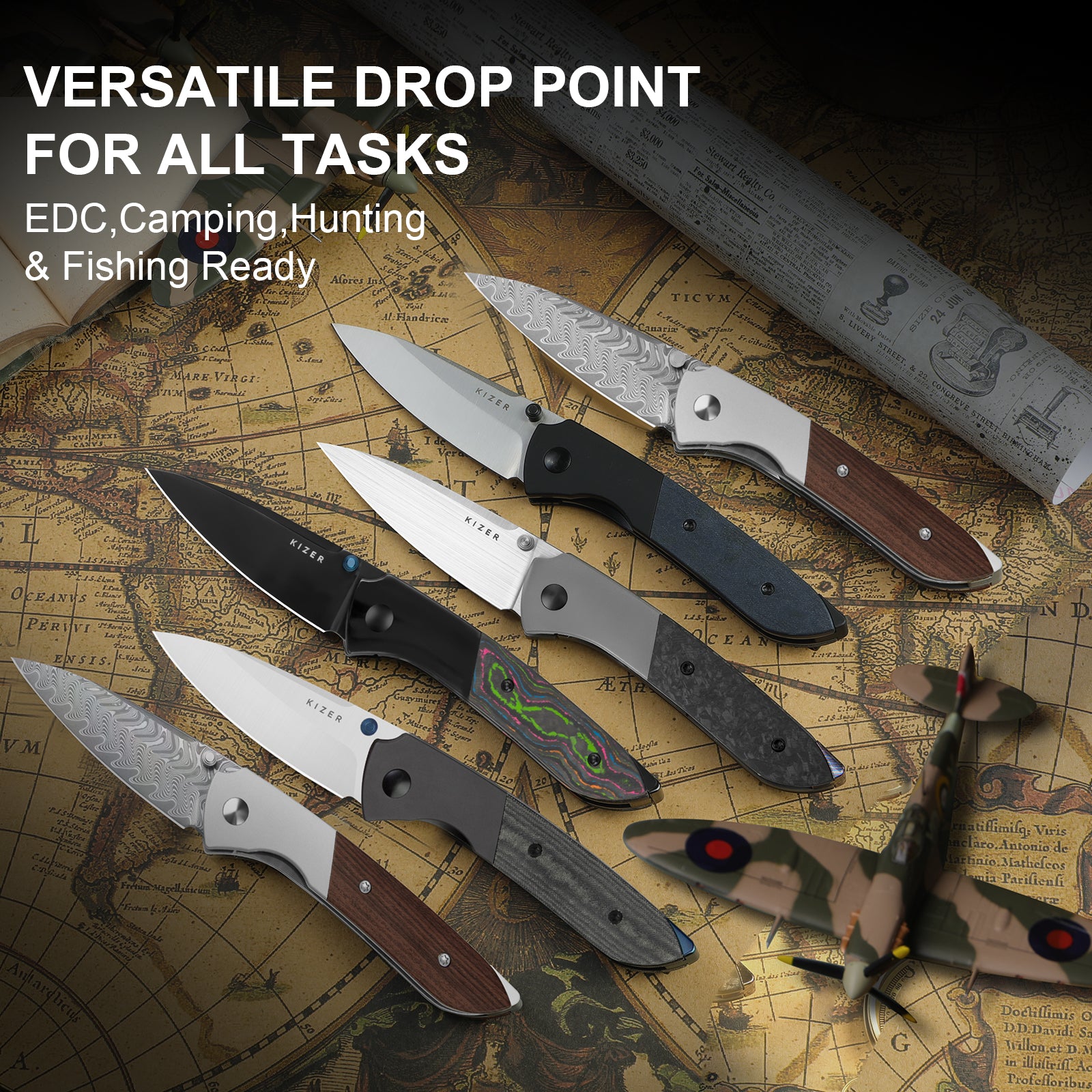 Spitfire | S35VN | Polished DLC | Titanium & Camo Carbon 80's | Ki3690A2