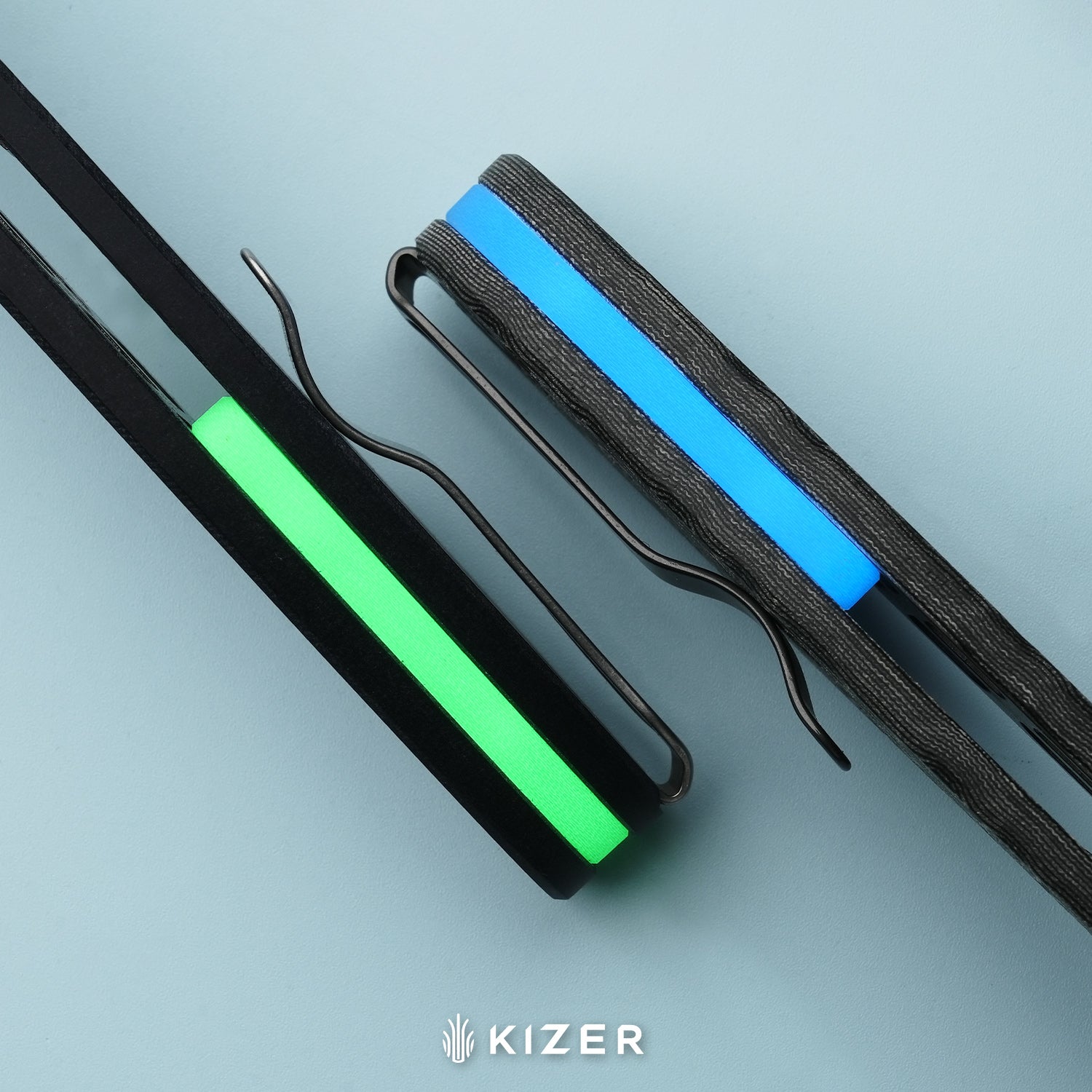 Masu | Kizer Button Liner Lock™ | GID Blue G10 | 14C28N | Vortex Pattern Micarta | KizerV™ 3697A2