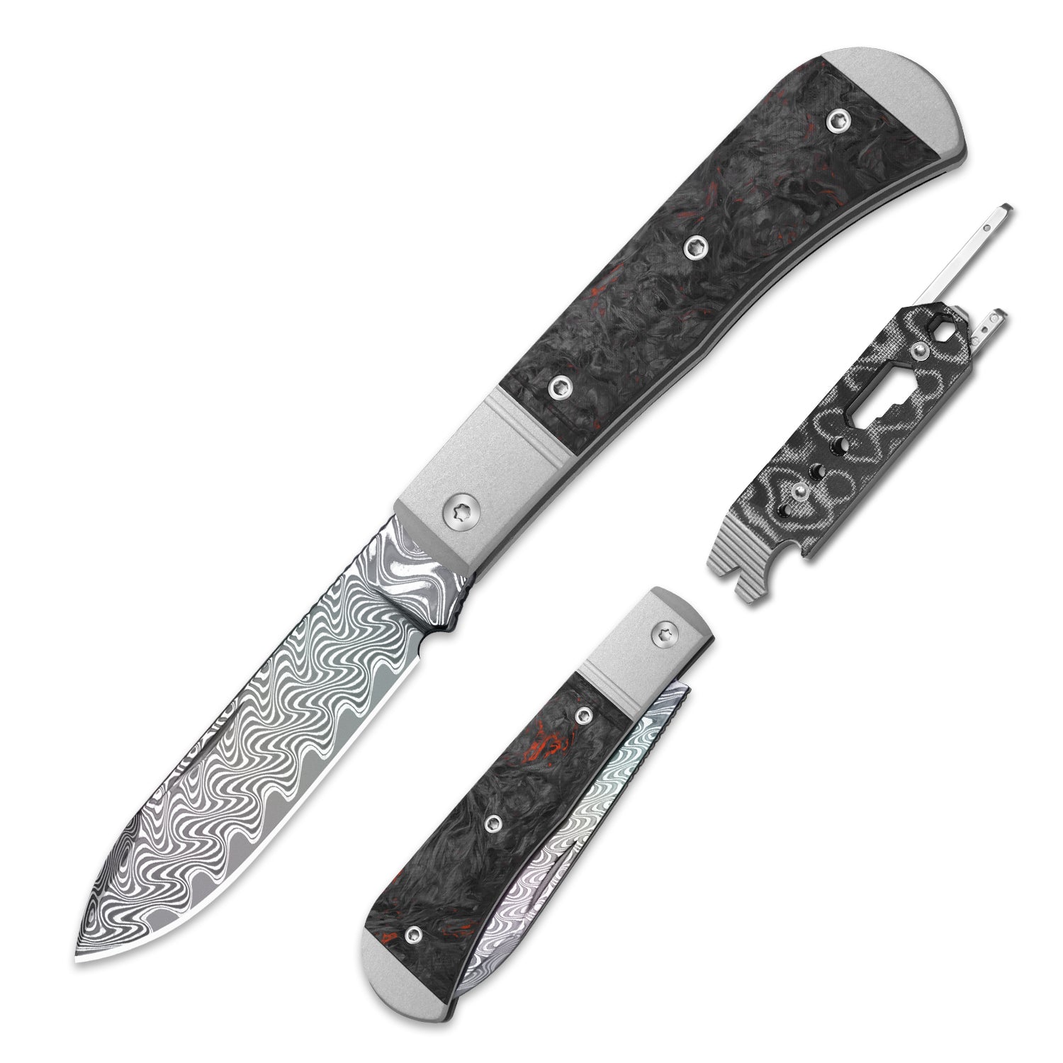 Trestle D With Pac-Bar | Rainbow Damascus | Aluminum & Fat Carbon | Slip Joint | KizerV™ 3760A5