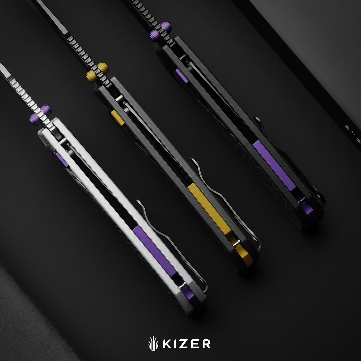 Durandal | Kizer Button Liner Lock™ | Aluminum &  Fatcarbon® Camo Gold  | S35VN + Gunmetal Gray PVD Coating | KizerB™ 3765BD2