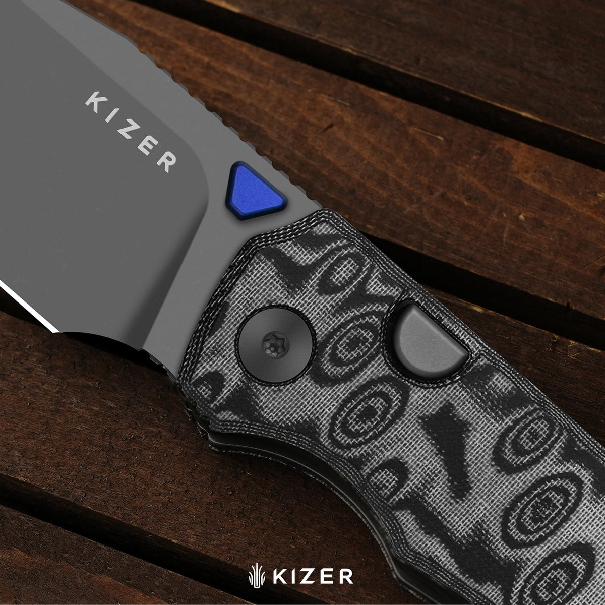 Wharning | Wharncliffe | Kizer Button Liner Lock™ | N690 | vortex pattern micarta | KizerV™ 3738BW4