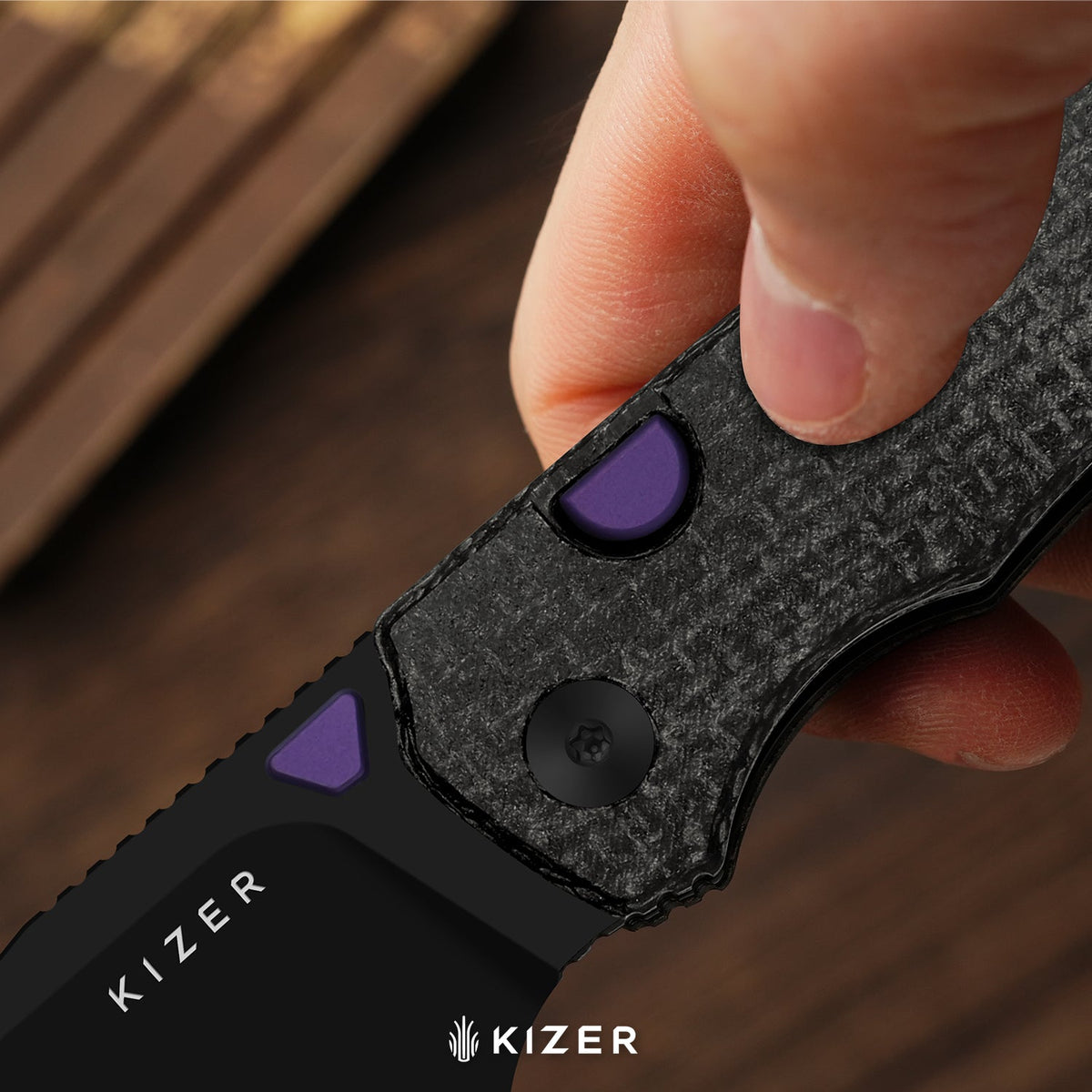 Wharning | Wharncliffe | Kizer Button Liner Lock™ | N690 | vortex pattern micarta | KizerV™ 3738BW2