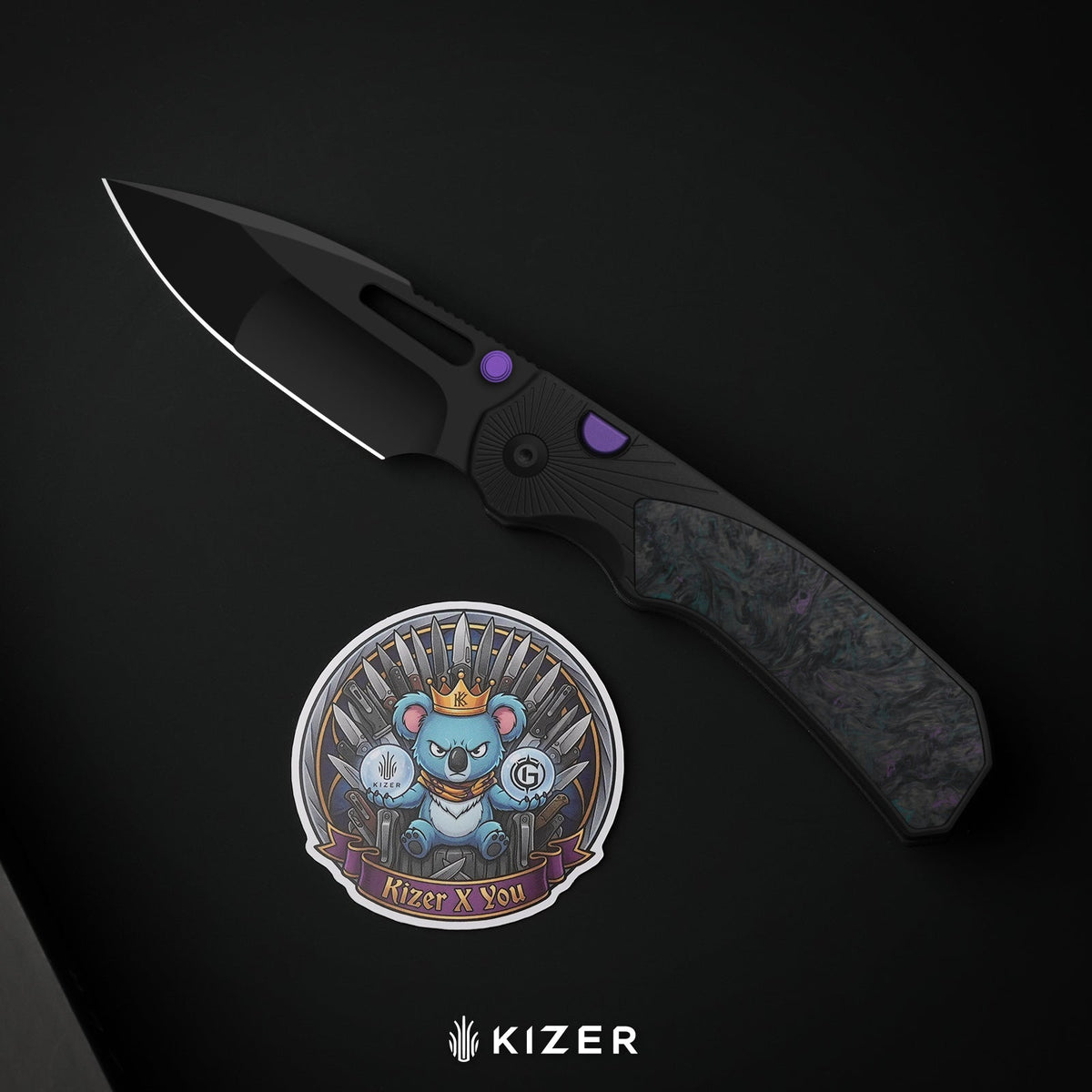 Durandal | Kizer Button Liner Lock™ | Aluminum &  Fatcarbon® Purple Haze  | S35VN + Satin | KizerB™ 3765BD3
