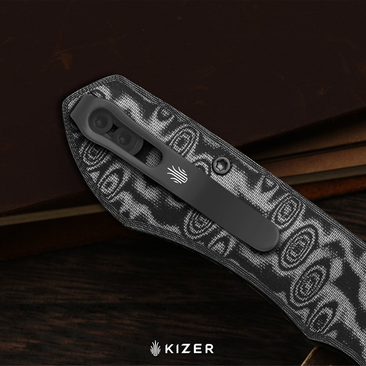 Wharning | Wharncliffe | Kizer Button Liner Lock™ | N690 | vortex pattern micarta | KizerV™ 3738BW4