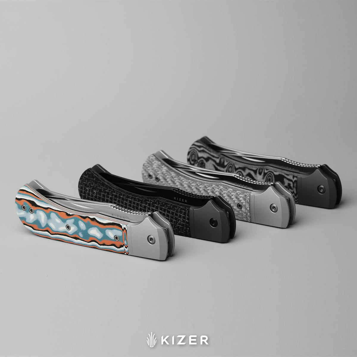 Trestle TP AirTi｜BD1N Dual-Blade Clip Point & Spey Point | KStop™ 105° Half-Stop Trapper | Aluminum & vortex pattern micarta | KizerB™ 3761TPA4