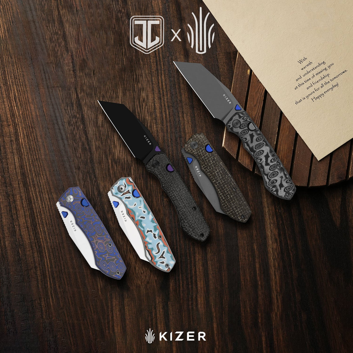Wharning | Wharncliffe | Kizer Button Liner Lock™ | N690 | vortex pattern micarta | KizerV™ 3738BW2