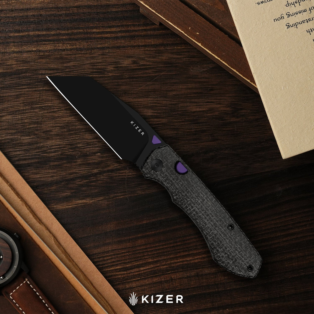 Wharning | Wharncliffe | Kizer Button Liner Lock™ | N690 | GID canvas micarta | KizerV™ 3738BW3