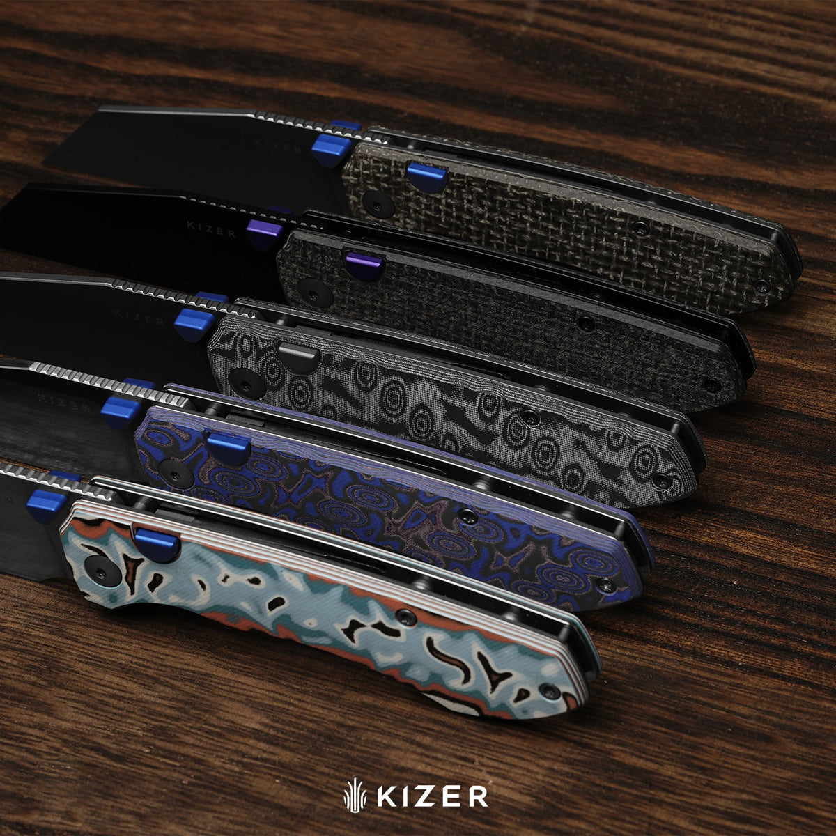 Wharning | Wharncliffe | Kizer Button Liner Lock™ | N690 | vortex pattern micarta | KizerV™ 3738BW2