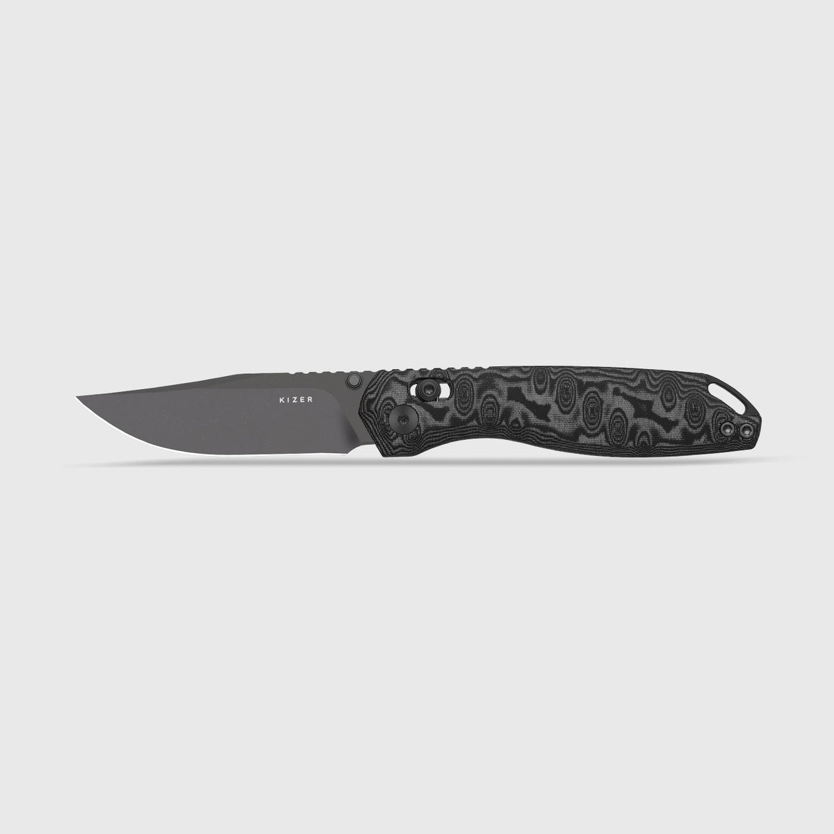 Findo | Clip Point | Kizer Clutch Lock™ | AEB-L + Gray PVD Coating & Stonewashed | vortex pattern micarta | KizerV™ 3743CC3