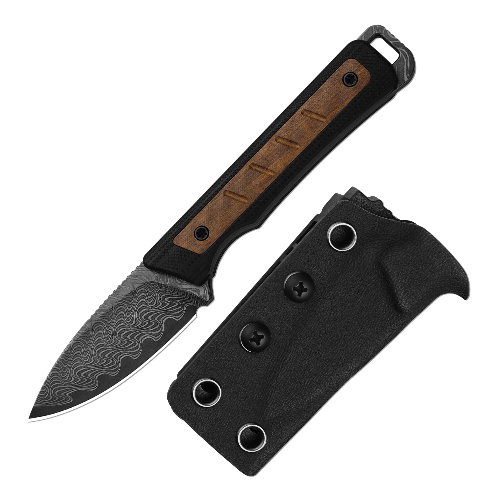 Whiskey Jack | Acid-washed Damascus | G10 & Mkuruti Wood | Skeletonized Tang | KizerV™ 1108A2