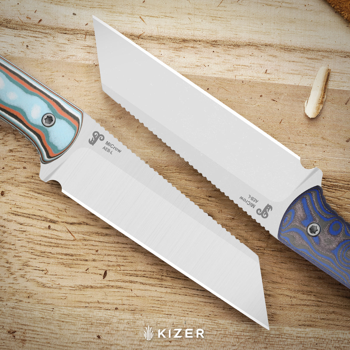 MiCrow | Wharncliffe | AEB-L | vortex pattern micarta | Stonewashed | KizerV™ 1139A2