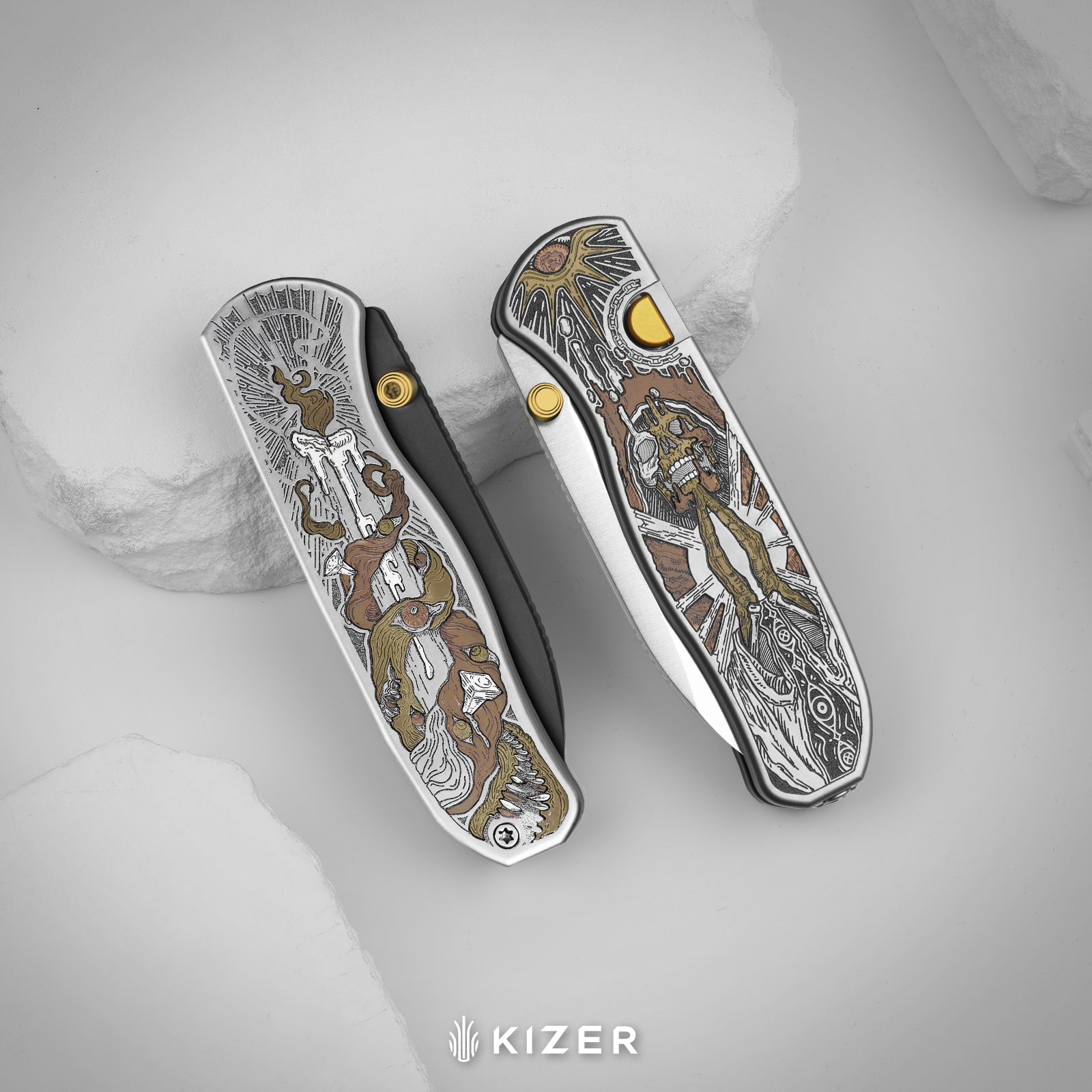 Drop Bear® Zero | K390 | Polished DLC Ultra | Hollow Grind | Titanium (Laser Engraved with Multi-tone Inlays) | Kizer Button Liner Lock™ | KizerX™ 3619BDLA2