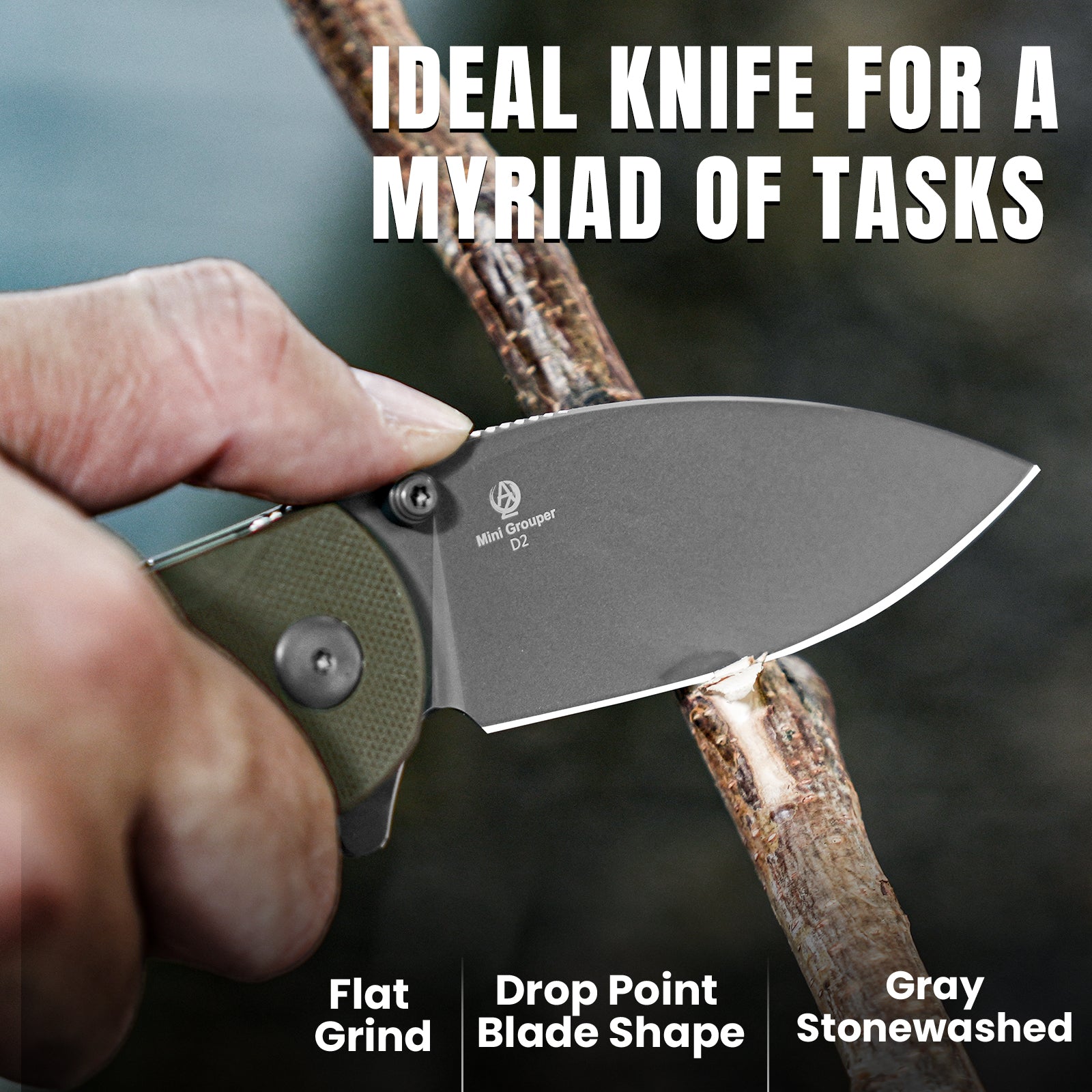 Mini Grouper | D2 | Olive Green G10 | KizerV™ 3669A3