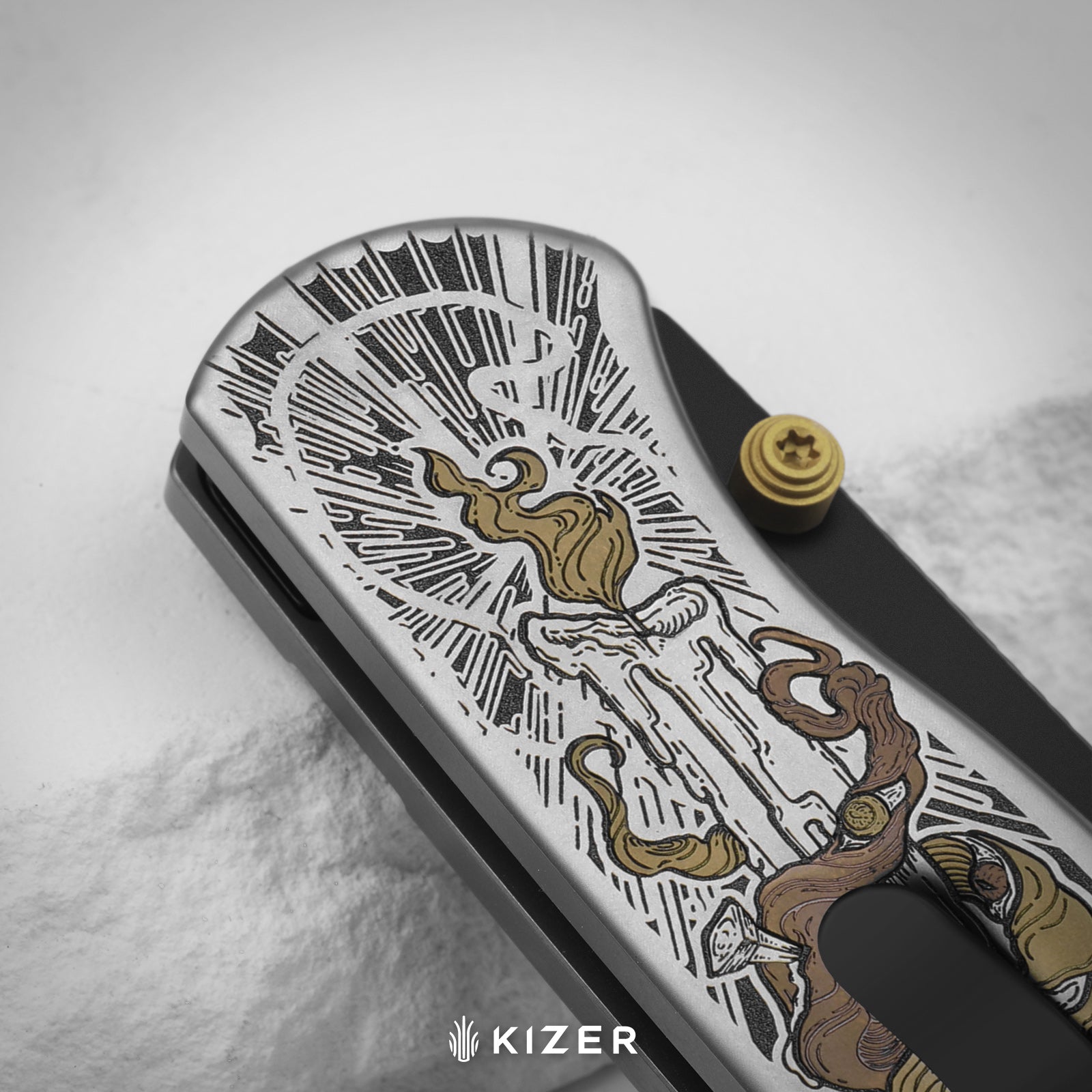 Drop Bear® Zero | K390 | Polished DLC Ultra | Hollow Grind | Titanium (Laser Engraved with Multi-tone Inlays) | Kizer Button Liner Lock™ | KizerX™ 3619BDLA2
