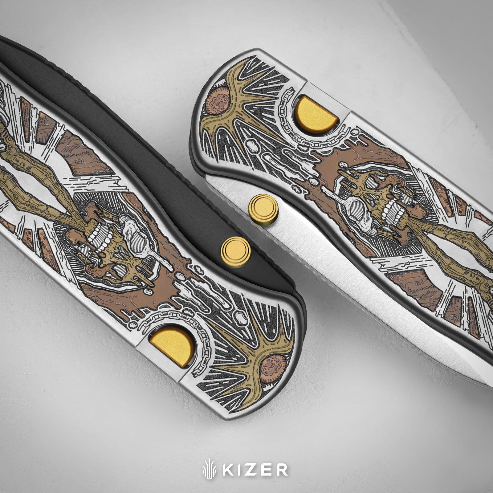 Drop Bear® Zero | K390 | Polished DLC Ultra | Hollow Grind | Titanium (Laser Engraved with Multi-tone Inlays) | Kizer Button Liner Lock™ | KizerX™ 3619BDLA2
