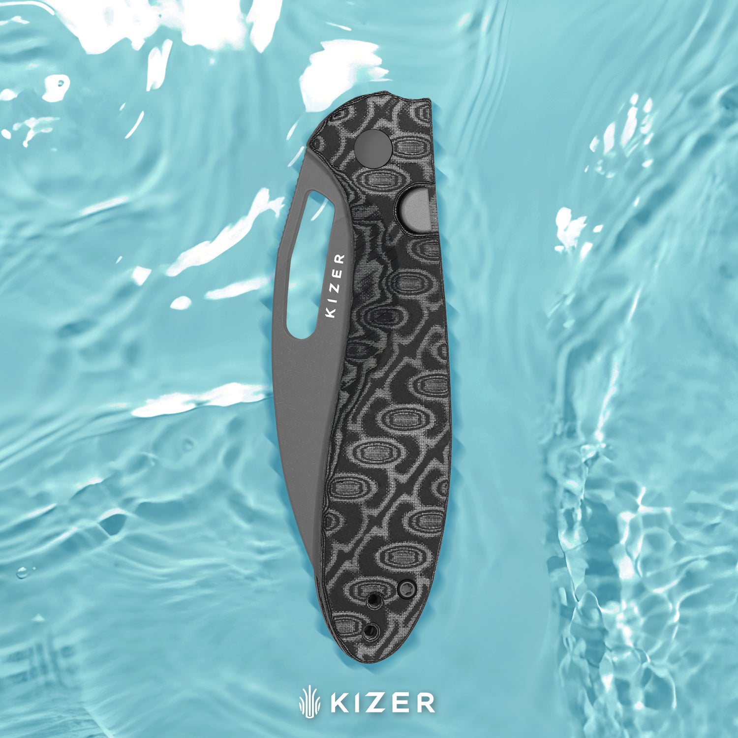 Masu | Kizer Button Liner Lock™ | GID Blue G10 | 14C28N | Vortex Pattern Micarta | KizerV™ 3697A2
