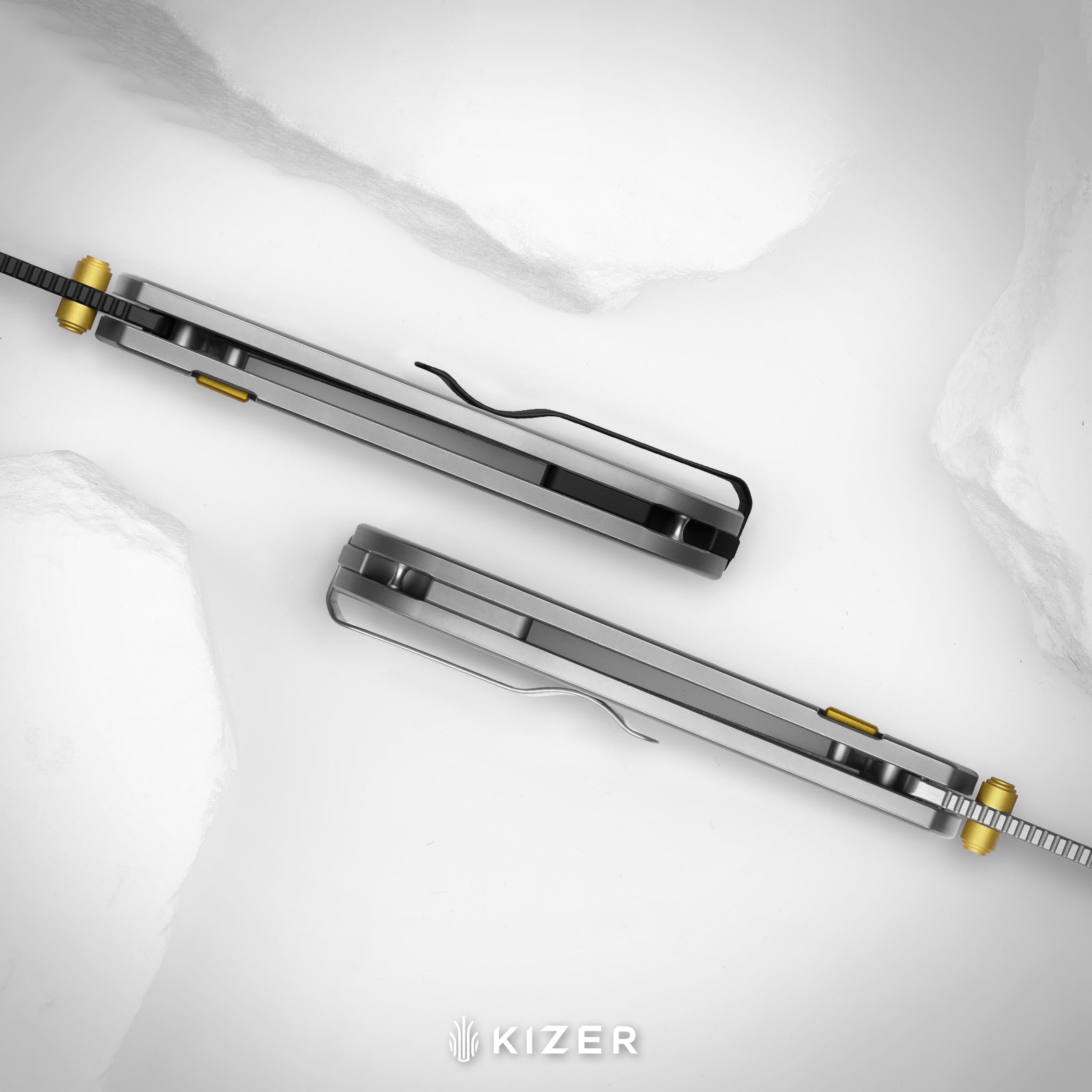Drop Bear® Zero | K390 | Polished DLC Ultra | Hollow Grind | Titanium (Laser Engraved with Multi-tone Inlays) | Kizer Button Liner Lock™ | KizerX™ 3619BDLA2