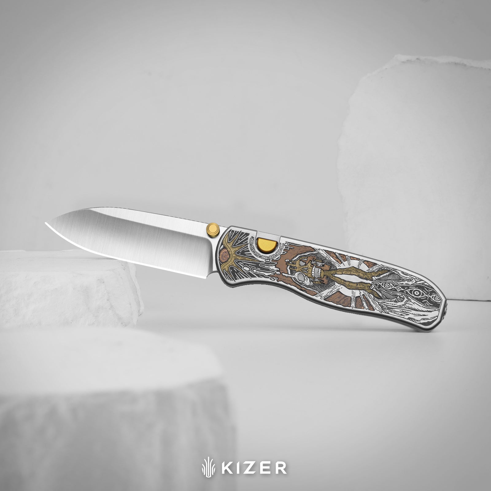 Drop Bear® Zero | K390 | Polished DLC Ultra | Hollow Grind | Titanium (Laser Engraved with Multi-tone Inlays) | Kizer Button Liner Lock™ | KizerX™ 3619BDLA2