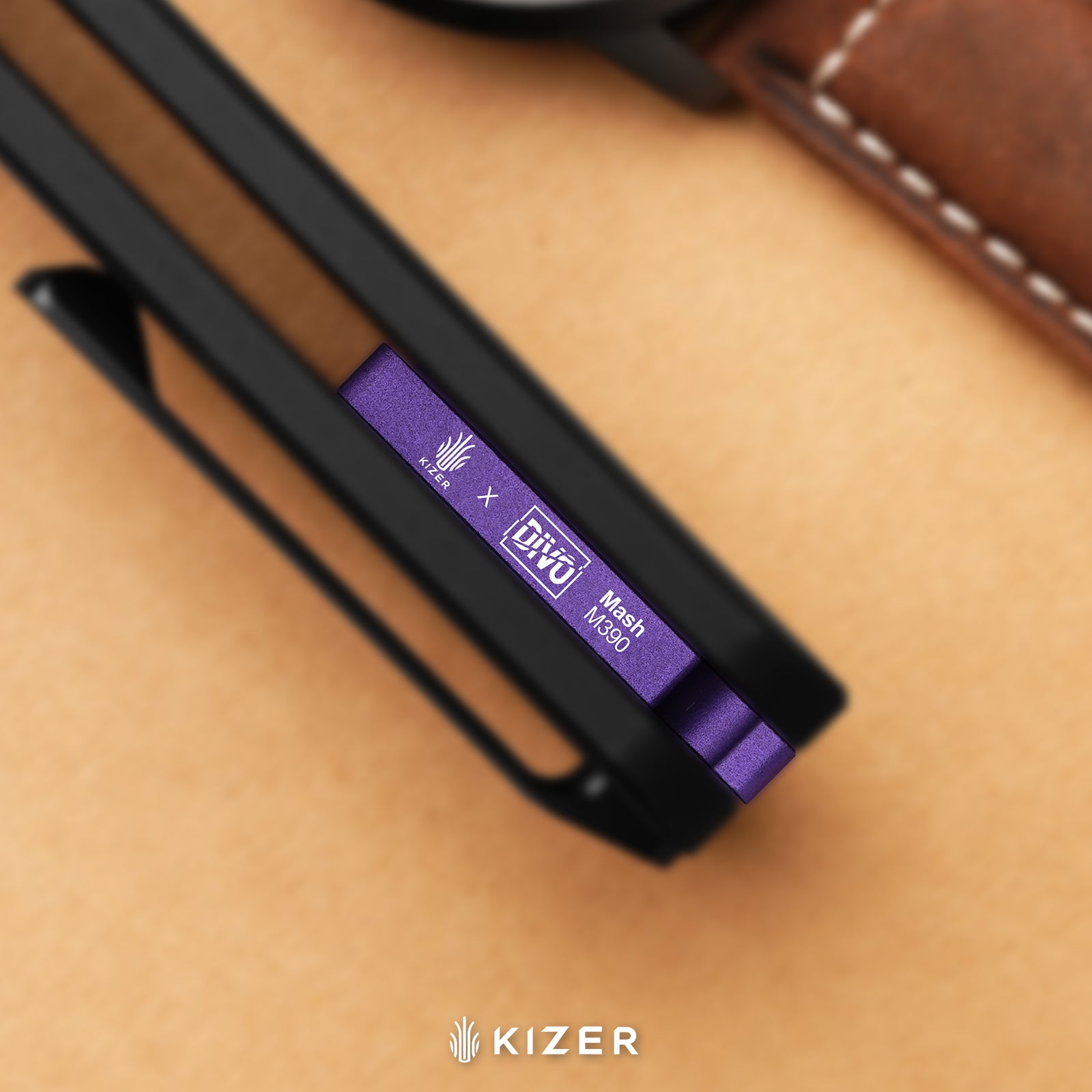 Mash | Kizer Button Liner Lock™ | M390 + Matte DLC Ultra + Hollow Grind | FatCarbon Purple Haze | KizerB™ 3699BSA2