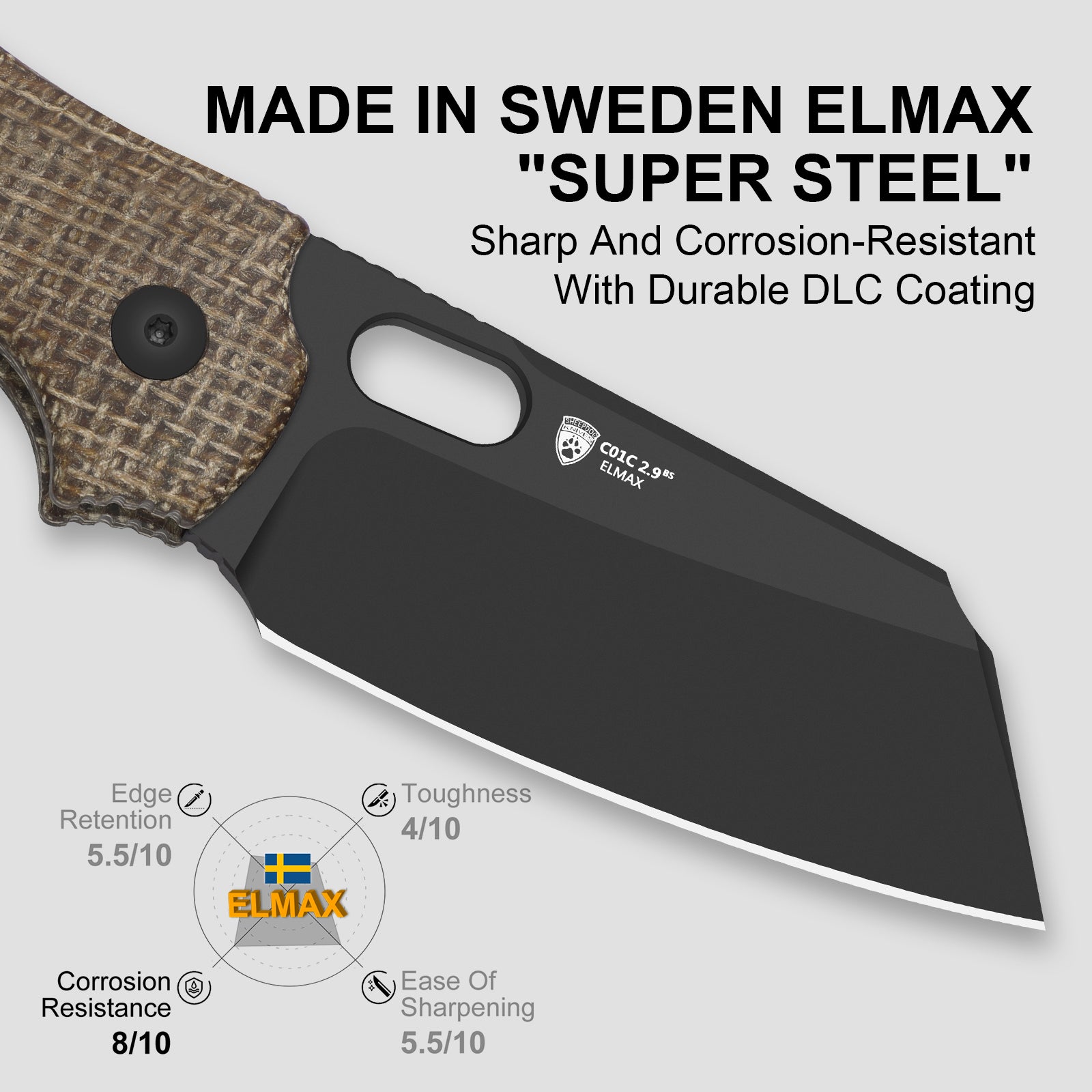 Sheepdog® Knives C01C | Kizer Button Liner Lock™ | DLC Ultra | ELMAX | Norplex UltreX™ Micarta  | KizerB™ 3488.29BSA2